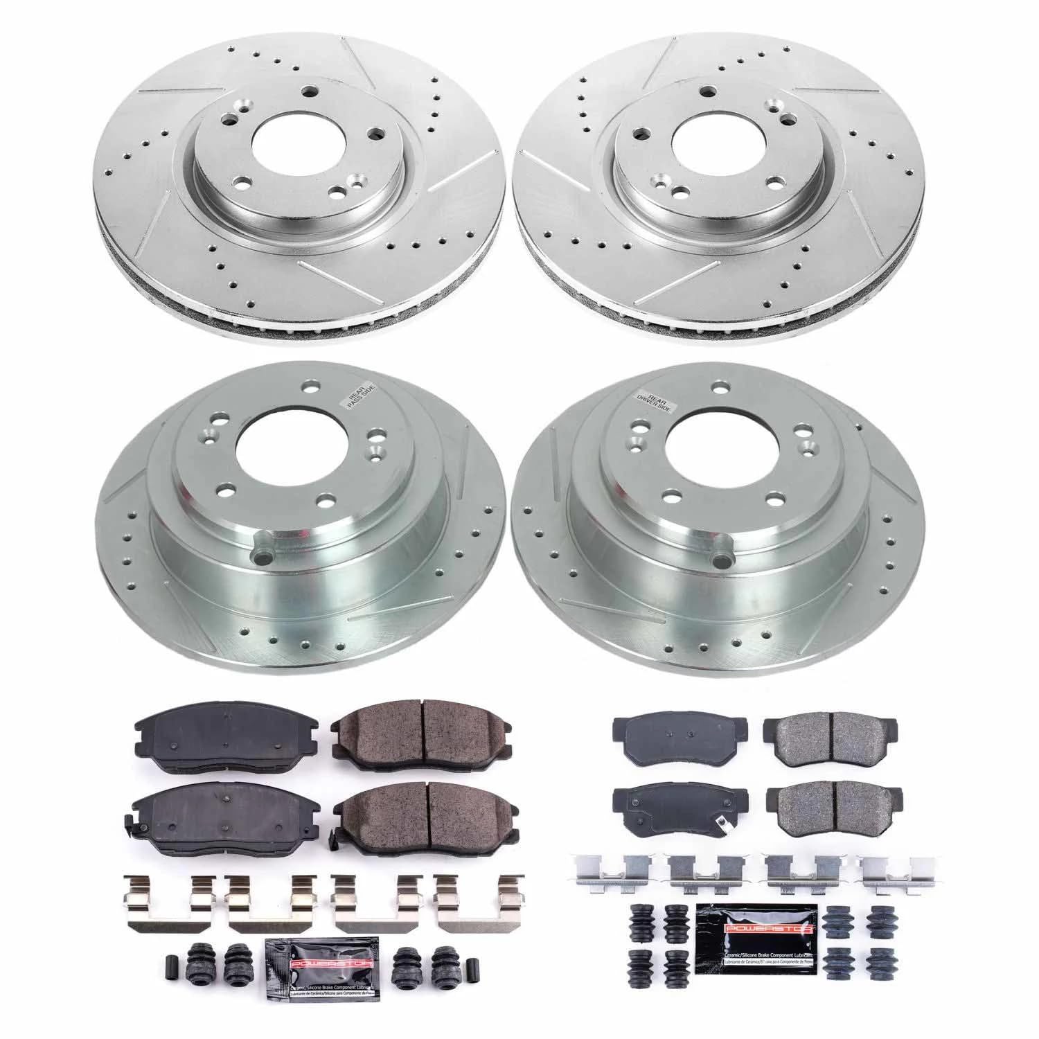 Power Stop K5833 Z23 Carbon Fiber Brake Pads Front and Rear with Drilled & Slotted Brake Rotors Kit For Kia Amanti 2004-2006 [Model Specific]