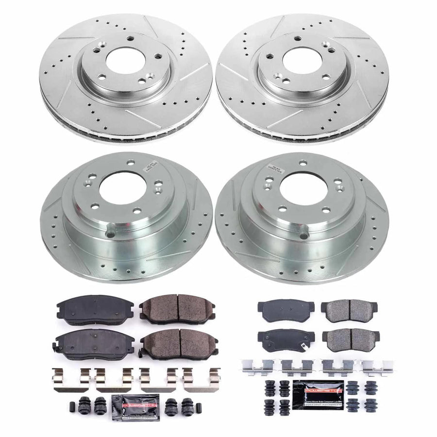 Power Stop K5833 Z23 Carbon Fiber Brake Pads Front and Rear with Drilled & Slotted Brake Rotors Kit For Kia Amanti 2004-2006 [Model Specific]