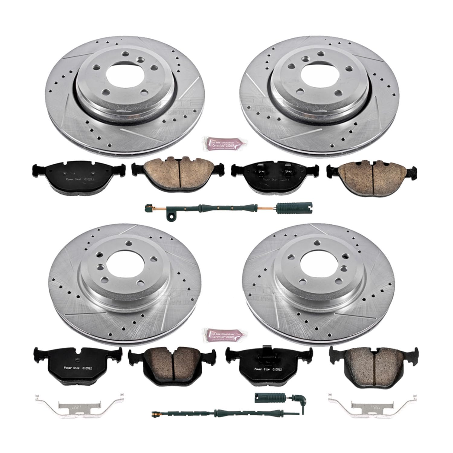 Power Stop K5733 Z23 Carbon Fiber Brake Pads Front and Rear with Drilled & Slotted Brake Rotors Kit For BMW X5 2002-2003, BMW X5 2005-2006 [Model Specific]