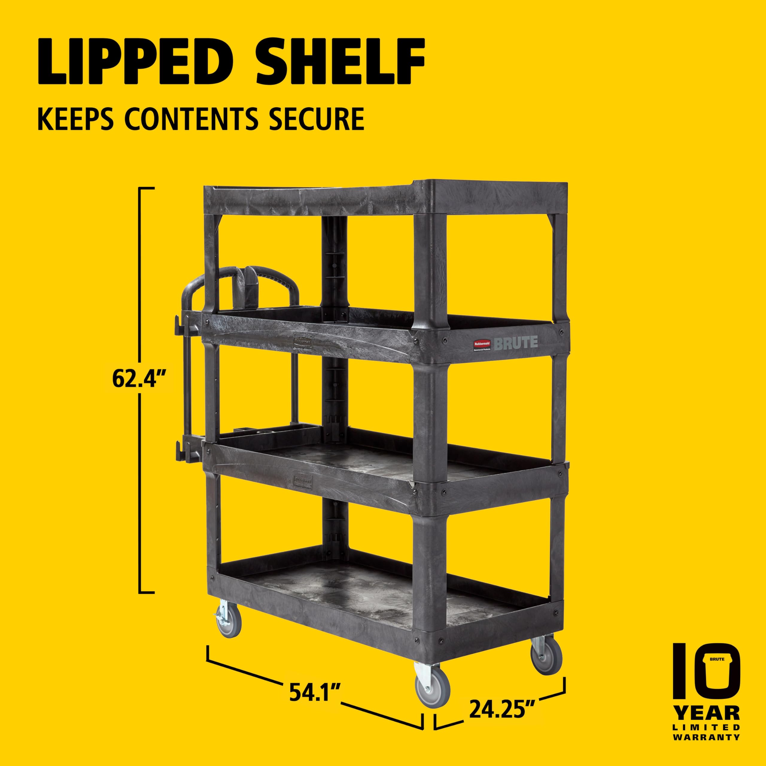 Rubbermaid Commercial Products 4-Shelf Quad Utility/Service Cart, Heavy Duty Large, Lipped Shelf, Ergonomic Handle, 700 lbs. Capacity, for Warehouse/Garage/Cleaning/Manufacturing (2128657) Black