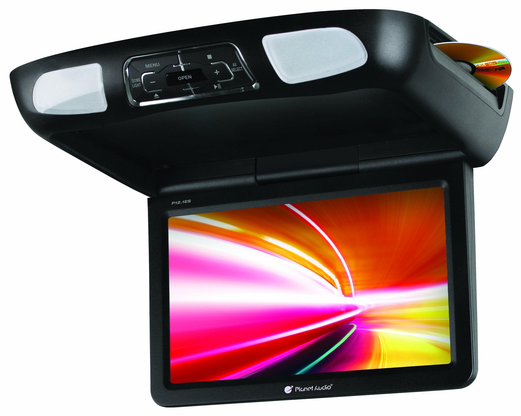 Car Roof-Mount Monitor and DVD Player Planet Audio P10.1ES - 10.1 Inch LCD, Widescreen, Flip-Down, FM Transmitter, IR Transmitter, Speakers, Dome Light, Interchangeable Black/Gray/Tan Housings