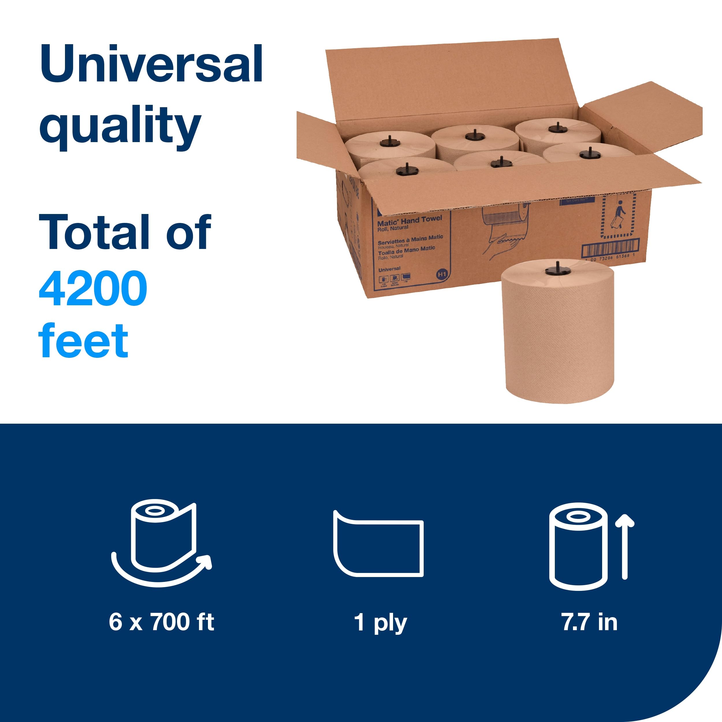 Matic Tork Paper Hand Towel Roll Natural H1, Universal, 100% Recycled Fiber, 6 Rolls x 700 ft, 290088