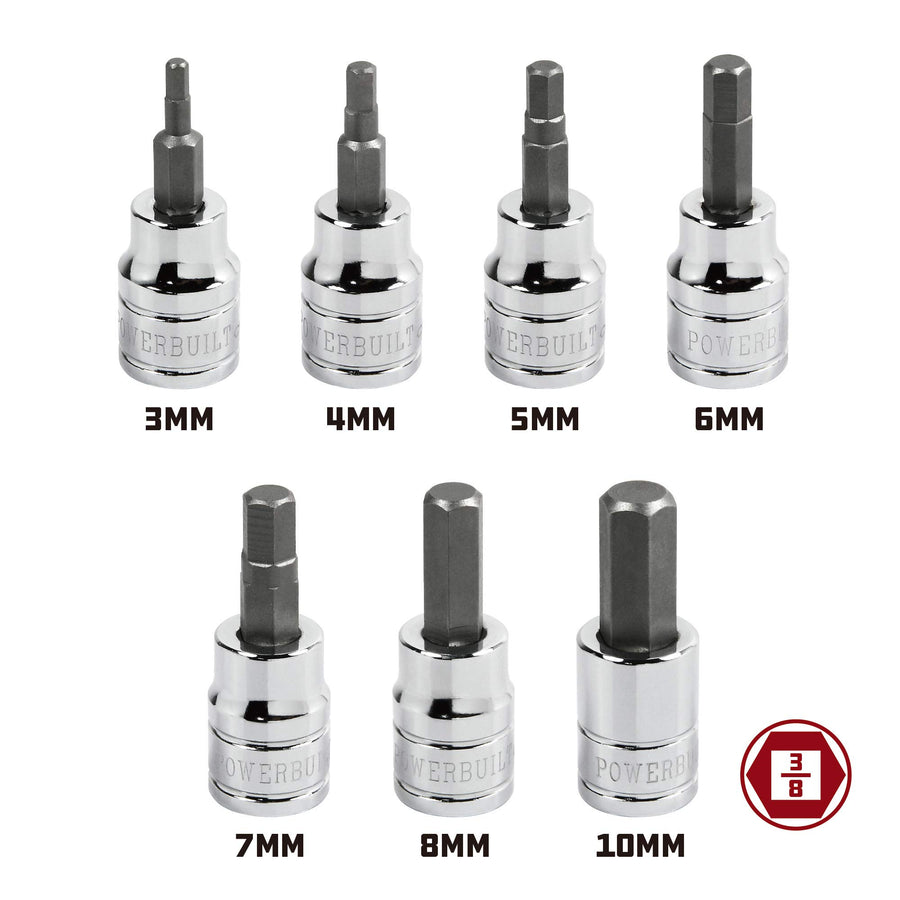 7 Piece Powerbuilt 3/8 Inch Drive Metric Hex Bit Socket Set, Includes 3mm-8mm and 10mm, Hangable Storage Tool Holder - 648663