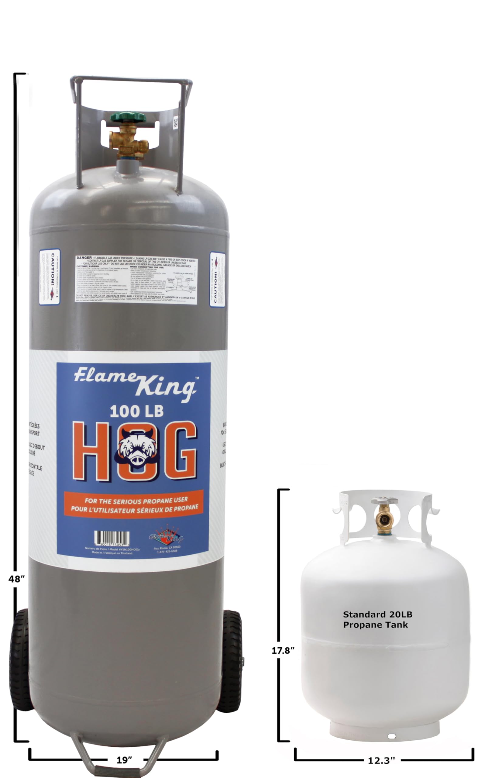 100LB Flame King Empty Propane Tank with Wheels, Horizontal & Vertical LP Cylinder with Built-in Gauge for Fire Tables, Fire Pits, Patio Heaters, Barbeques, Lunch Trucks, Weed Torches & Truck Campers