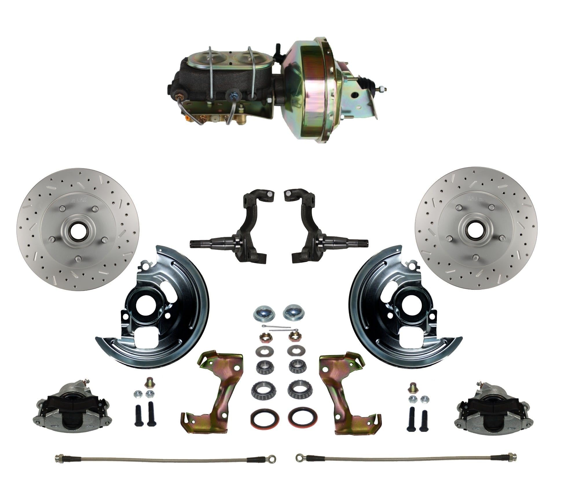 Power Front Disc Brake Conversion Kit LEED BRAKES Cross Drilled And Slotted Rotors With 9" Zinc Booster Cast Iron M/C Disc/Drum Bottom Mount