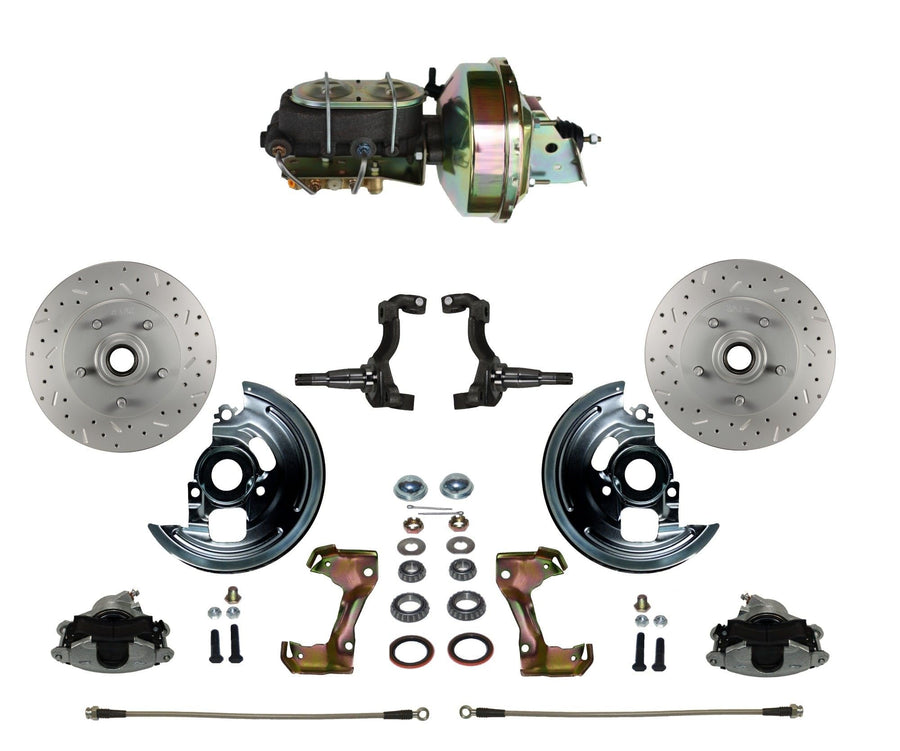 Power Front Disc Brake Conversion Kit LEED BRAKES Cross Drilled And Slotted Rotors With 9" Zinc Booster Cast Iron M/C Disc/Drum Bottom Mount