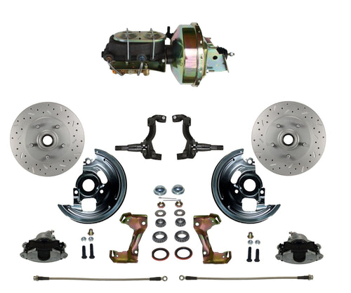 Power Front Disc Brake Conversion Kit LEED BRAKES Cross Drilled And Slotted Rotors With 9" Zinc Booster Cast Iron M/C Disc/Drum Bottom Mount