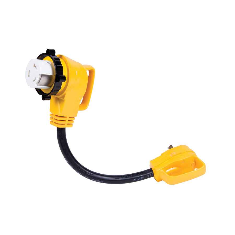 Camco 18" PowerGrip Locking RV/Camper Electrical Adapter | 90 Degree Head Design Reduces Strain on Power Cord | Locking Ring for Weatherproof Connection (55582)
