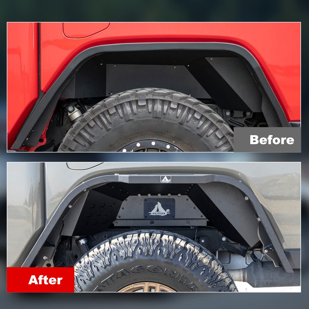 Rear Inner Fender Liners Kit WOLFSTORM for 2019-2026 Jeep Gladiator JT Rear Inner Fender Flares Pair, Black Q235A Steel, Rustproof Coat, DIY Design, Passenger and Driver Side(Rear)