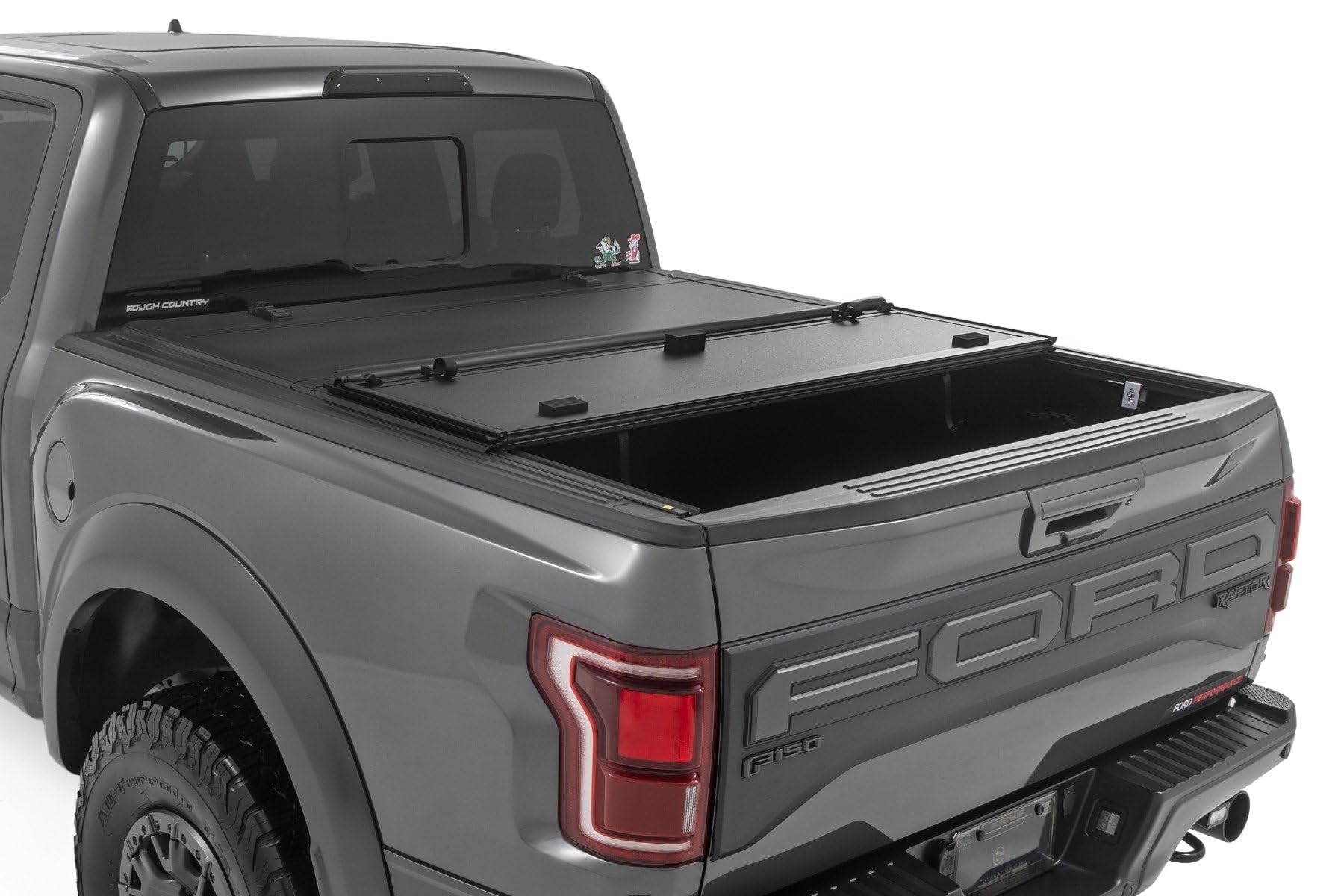 Rough Country Hard Tri-Fold Tonneau Cover for Ford F-150 (2021-26), Lightning (2022-26) - Aluminum Flip-Up Folding Bed Cover, Fits 5'7" (66.7") Bed