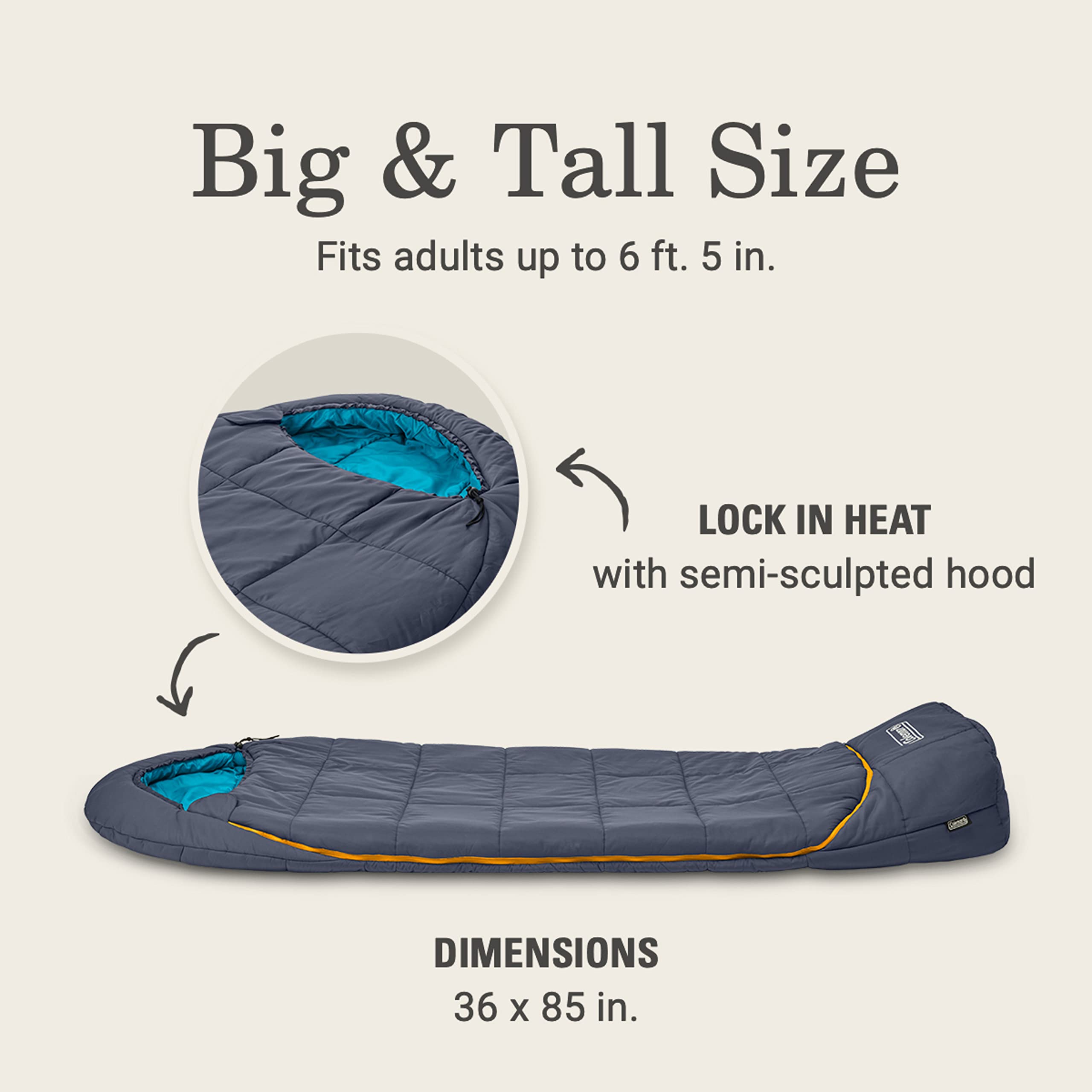 Coleman Cold-Weather Big Bay 0/20/40°F Sleeping Bag, Adult Mummy Sleeping Bag with Headrest, Foot Ventilation, & Storage Sack, Big & Tall Options