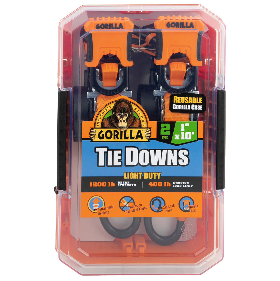 Gorilla Tie Down Ratchet Straps (2Pack) 1in x 10ft 1200lb Break Strength, Self-Locking Retractable, Heavy-Duty Orange Webbing, Gorilla-Grip Handles, Cap Locks, E-Coated Ratchets, Vinyl Hooks for Cargo