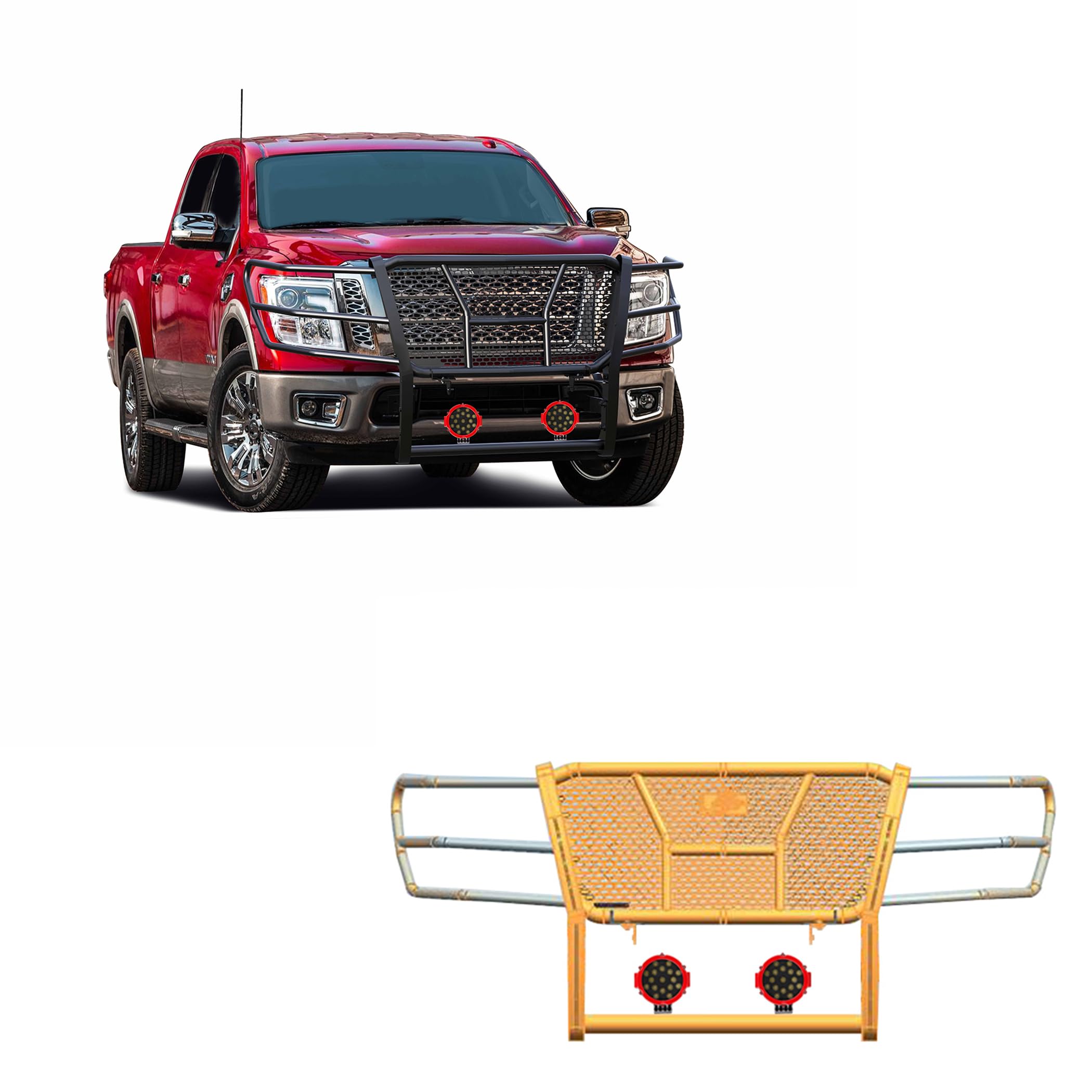 Heavy Duty Black Horse Rugged Grille Brush Bumper Guard Modular Black Come with Pair of 7.0" Dia.LED Lights with Red Trim Rings Compatible with 2017-2024 Nissan Titan-RU-NITI17-B-PLR