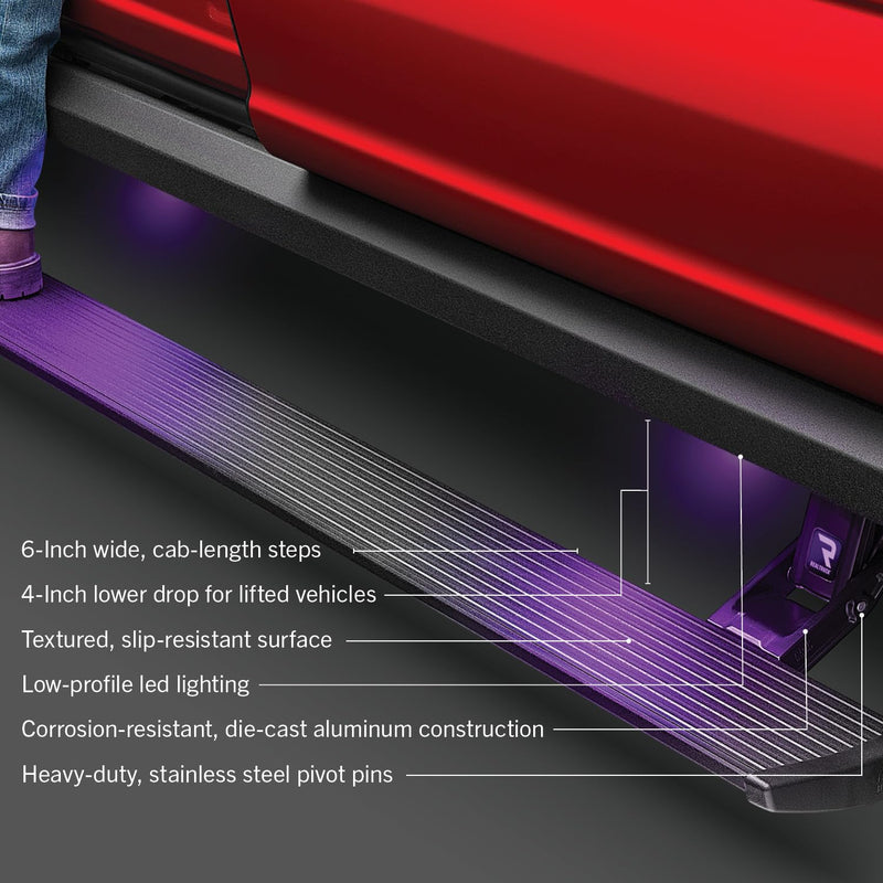 AMP Research PowerStepXL RealTruck | Fits 2010 Dodge RAM 2500/3500 Mega Cab; 2011 - 2017 RAM 2500/3500 Mega Cab | 77168-01A | Rust Proof Aluminum Retractable Electric Steps with LED Step Lights