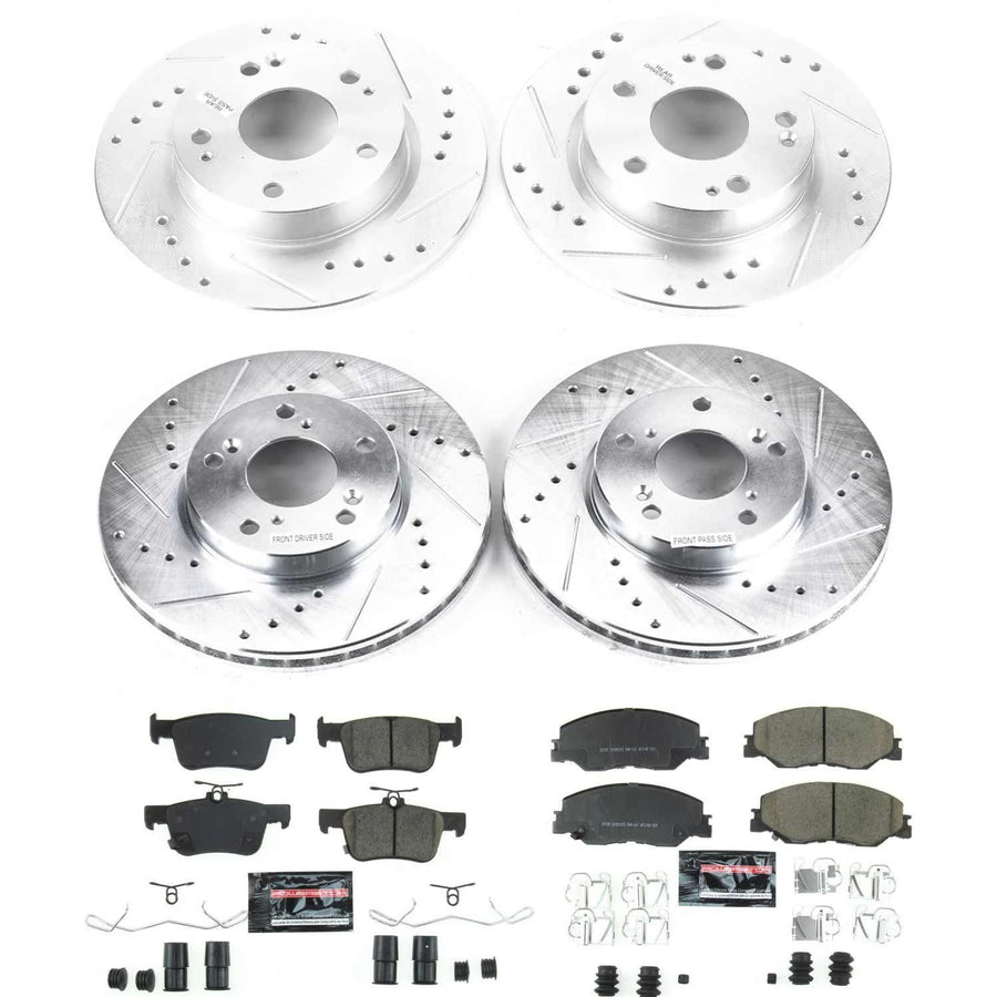 Power Stop K8343 Z23 Carbon Fiber Brake Pads Front and Rear with Drilled & Slotted Brake Rotors Kit For Honda Civic 2022, Honda Insight 2019-2022 [Model Specific]