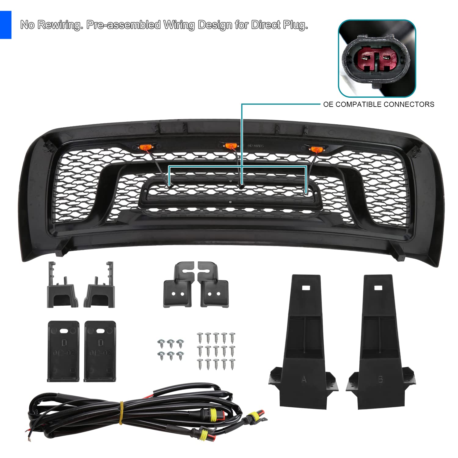 Matte Black Spec-D Tuning Front Bumper Hood Grille w/Amber LED Lights Compatible with 2010-2018 Dodge Ram 2500 3500 Truck
