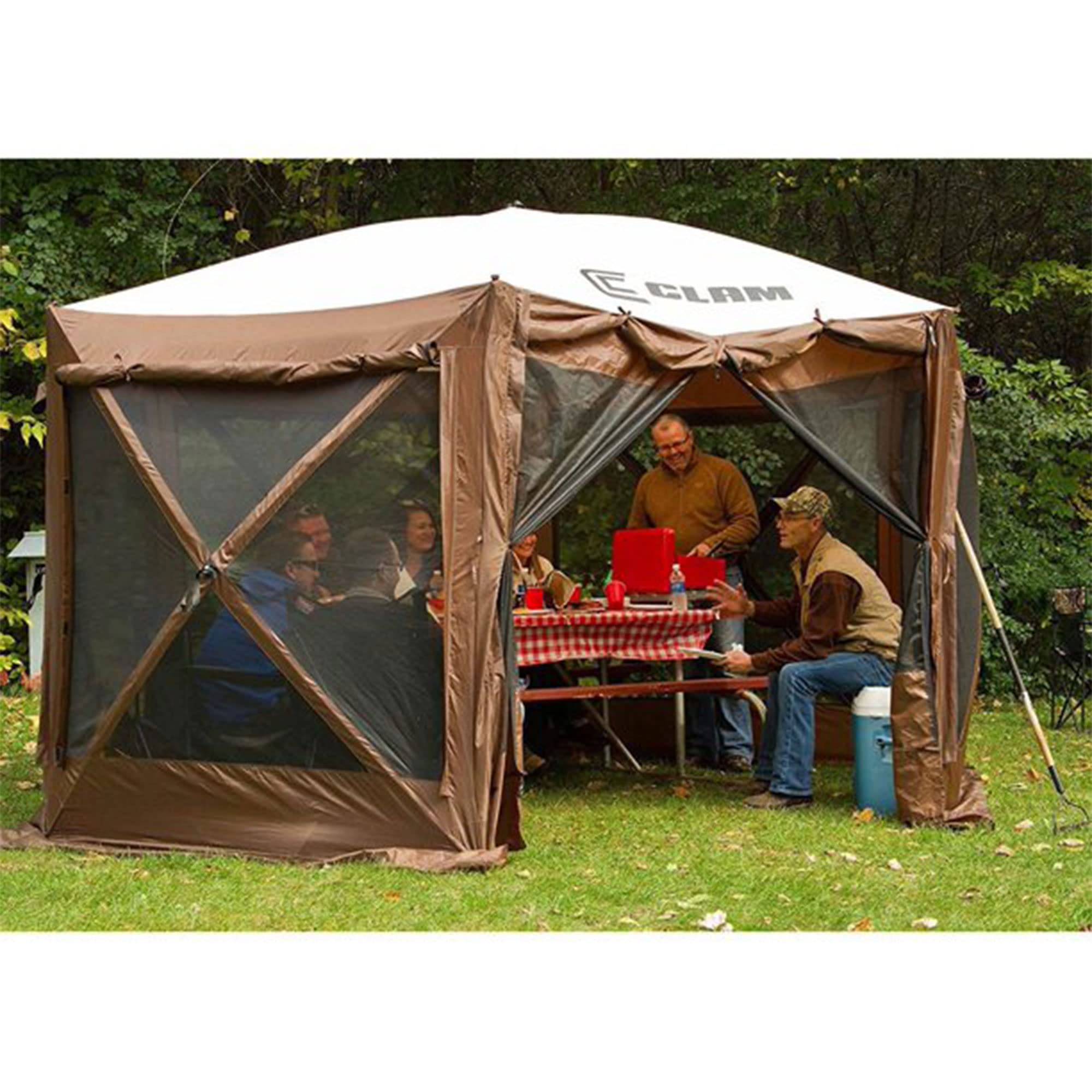 CLAM Large Pop Up Screen Tent, Outdoor Camping Gazebo Canopy, 12.5', Brown - Foldable and Portable Screened Shelter with Netting for Beach, Patio, and Backyard