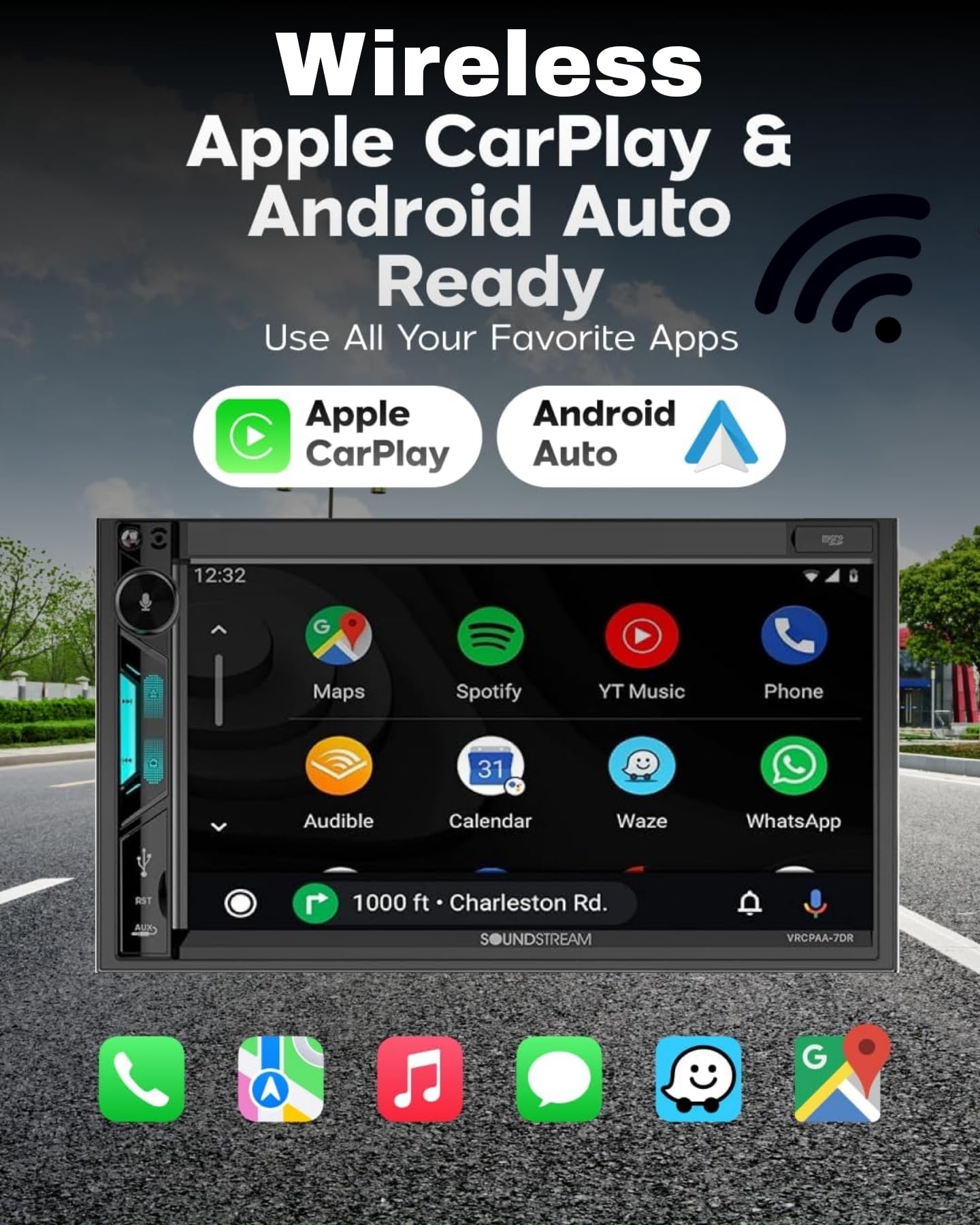 Soundstream 7" VRCPAA-7DR Double DIN Touchscreen Car Stereo, Wireless Apple CarPlay & Android Auto, Bluetooth Hands-Free, USB/AUX, Backup Camera Input, Steering Wheel Control, FM/AM, In-Dash Head Unit