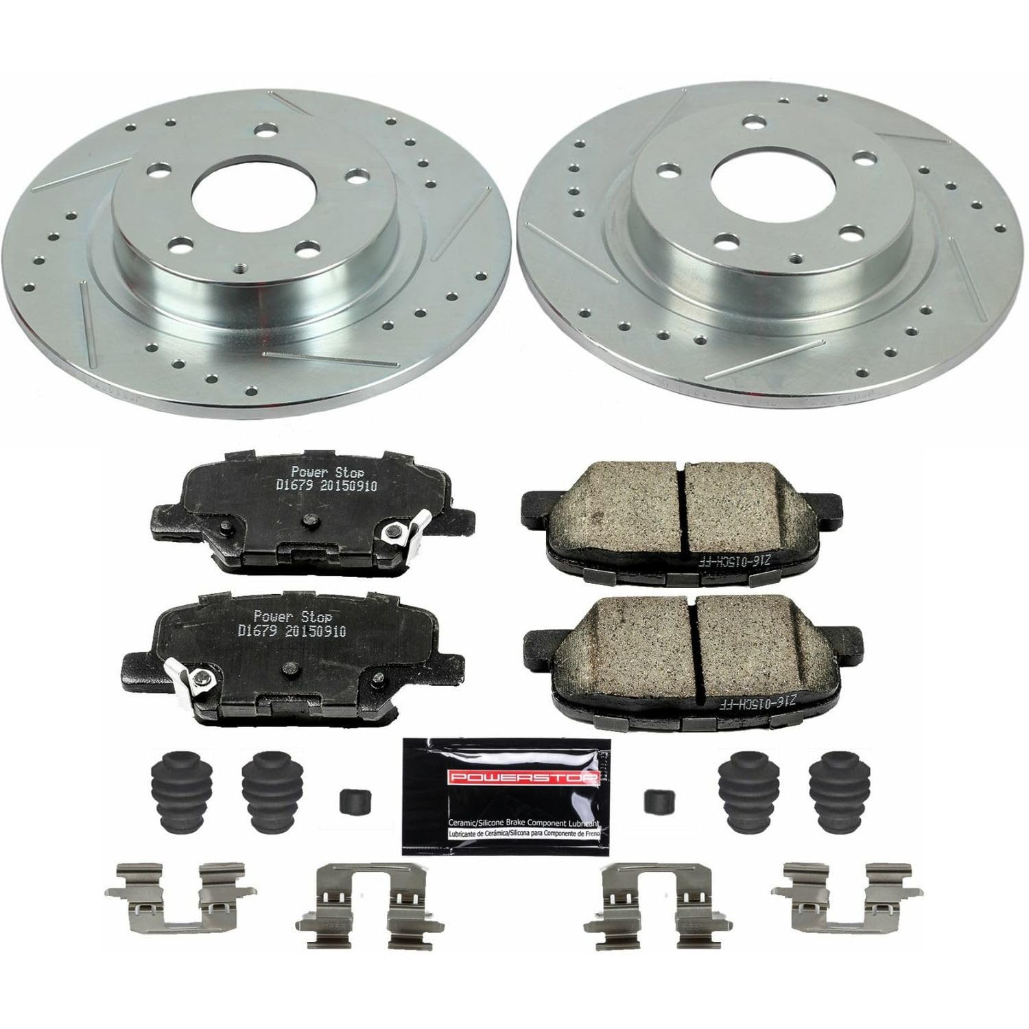 Rear Power Stop K6969 Z23 Carbon Fiber Brake Pads with Drilled & Slotted Brake Rotors Kit For Mazda 6 2014-2015 [Model Specific]