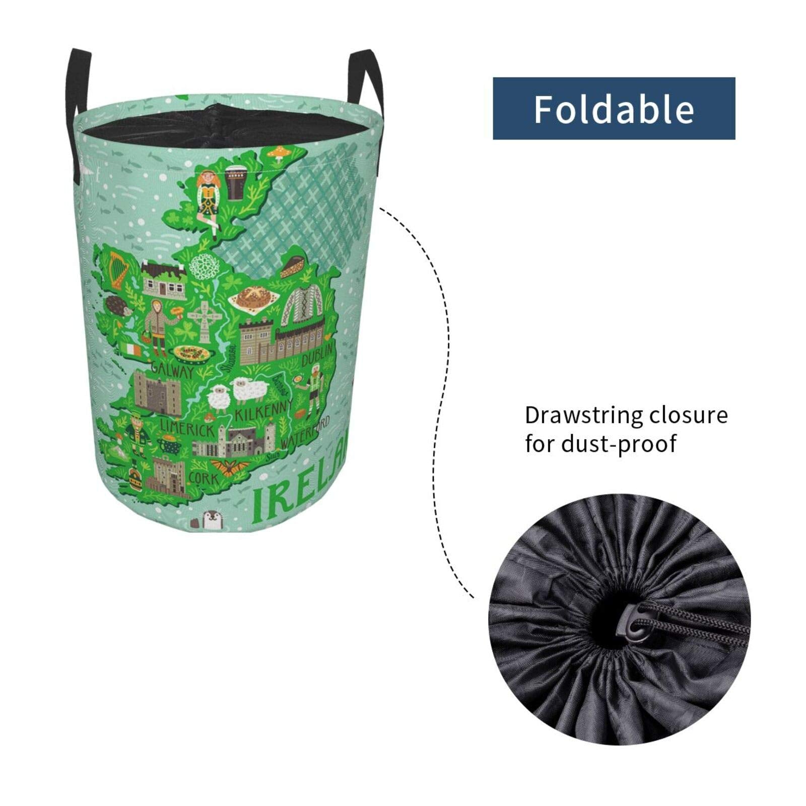 Map Of Ireland Travel Large Storage Baskets With Irish Castles People Symbols Traditional Food (1),Drawstring Waterproof Round Collapsible Laundry Hamper for Dirty Clothes Toy Home Office 21.6"X16.5"