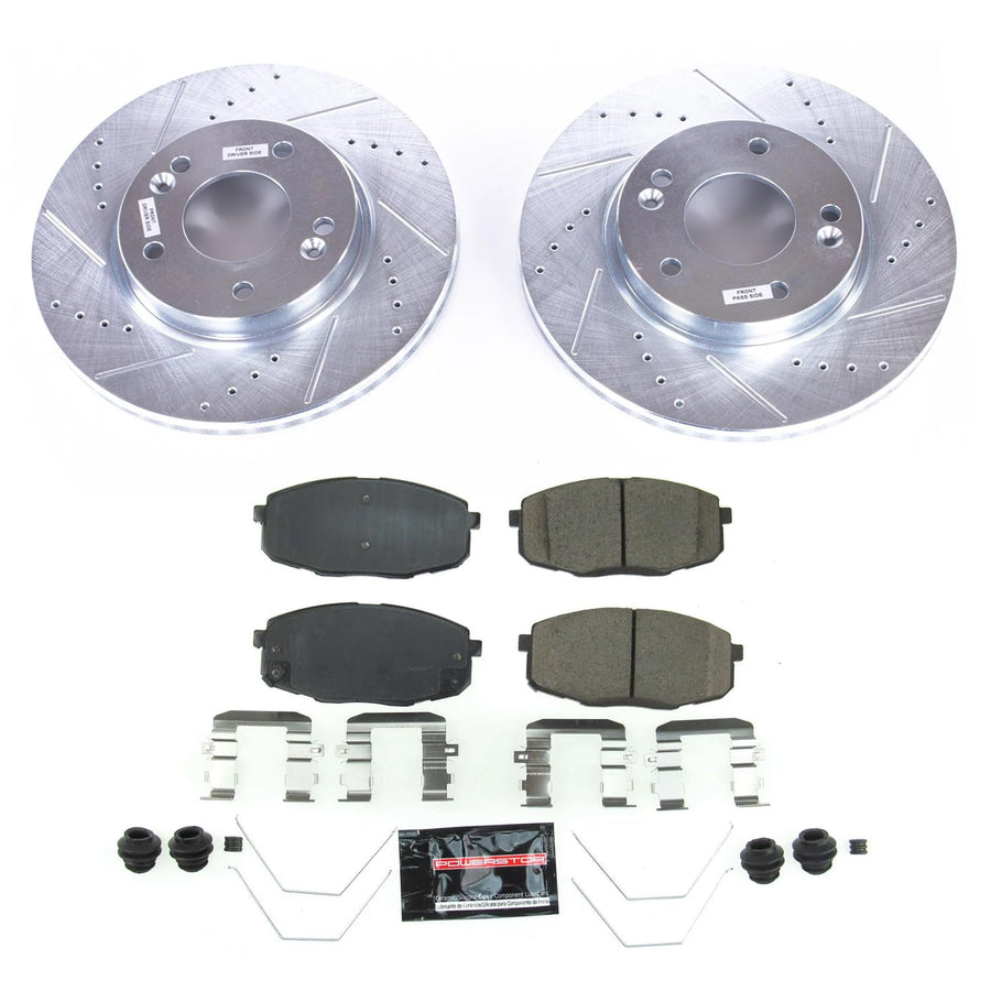 Power Stop K8007 Z23 Front Carbon Fiber Brake Pads with Drilled & Slotted Brake Rotors Kit For Hyundai Elantra GT 2018-2020, Kia Soul 2017-2019 [Model Specific]