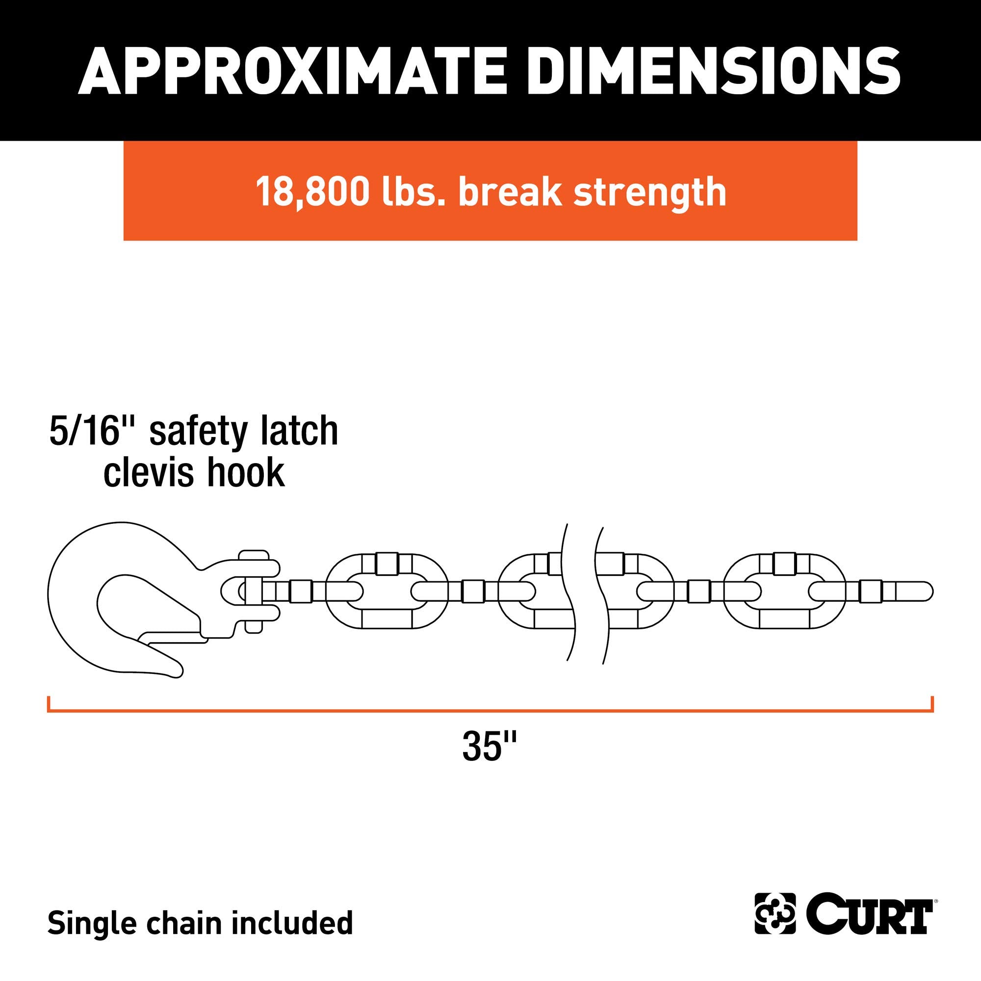 CURT 80304 35-Inch Safety Chain Trailer with 5/16-In Clevis Snap Hook, 18,800 lbs Break Strength, Small, YELLOW ZINC