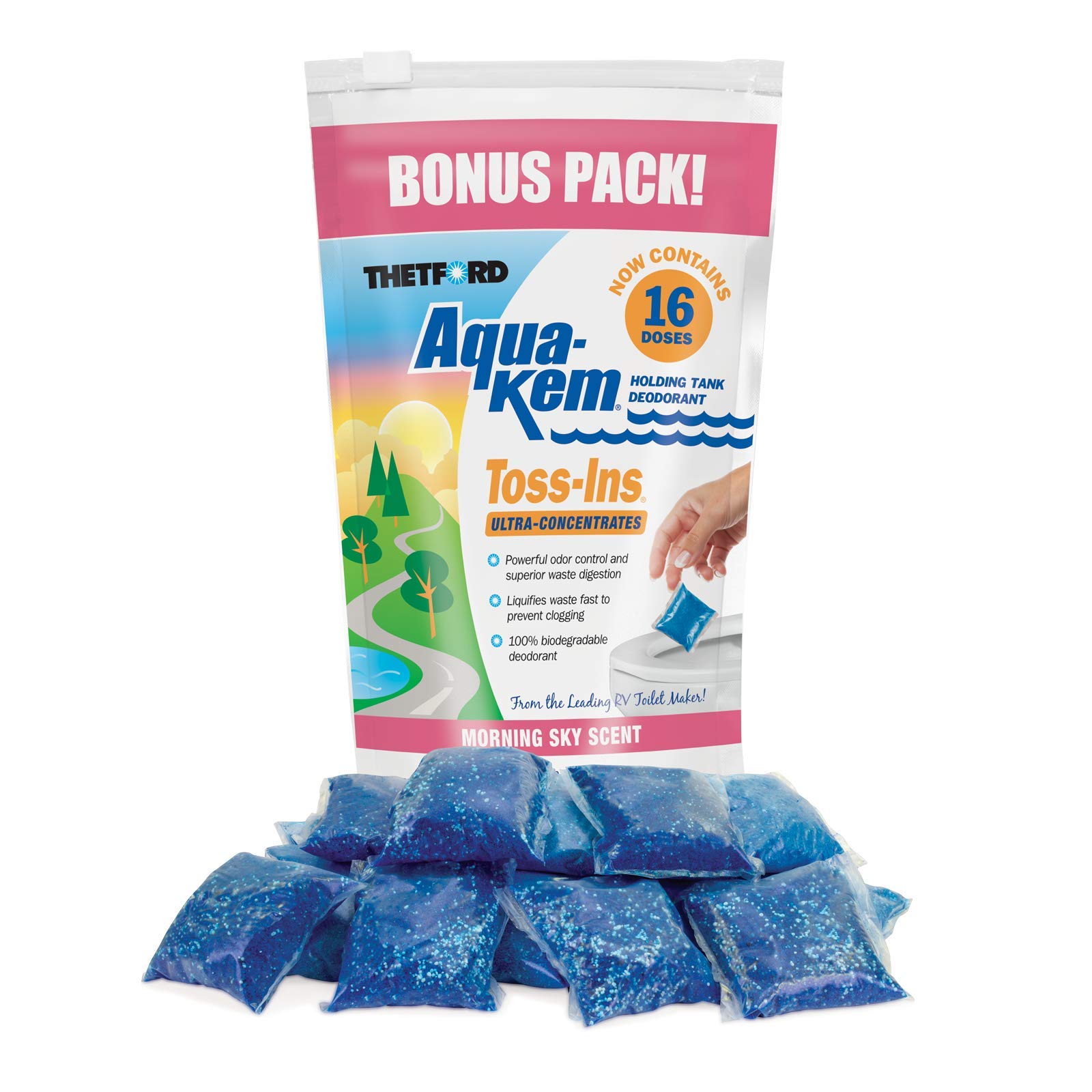 Aqua-KEM Toss-Ins Morning Sky RV Holding Tank Treatment - Deodorant/Waste Digester/Detergent - Pack of 16 - Thetford 96570