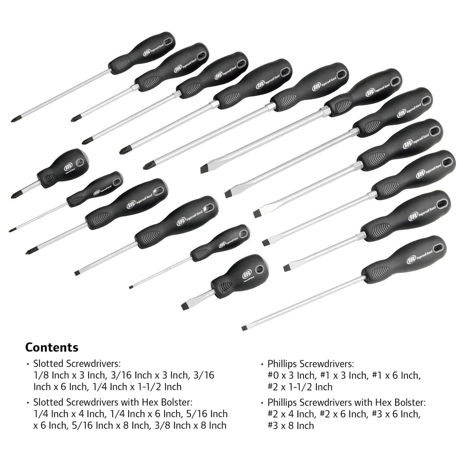 Ingersoll Rand Master 17 Piece Screwdriver Set with EVA Tray, Magnetized Tips, Hex Bolsters, SVCM Alloy Shafts, Soft Grip Handles, Slotted and Phillips - 752012