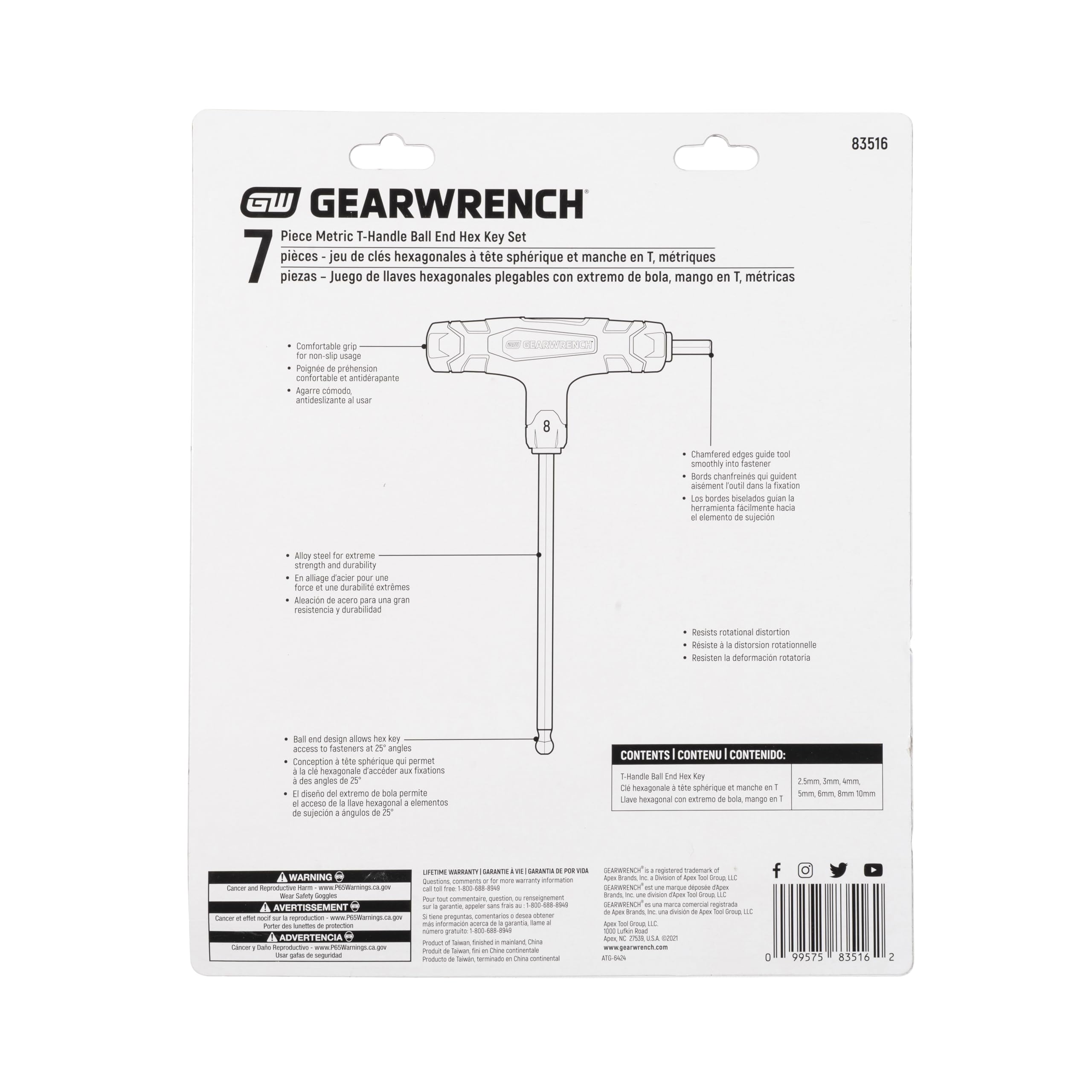 7 Piece GEARWRENCH Metric T-Handle Ball End Hex Key Set - 83516