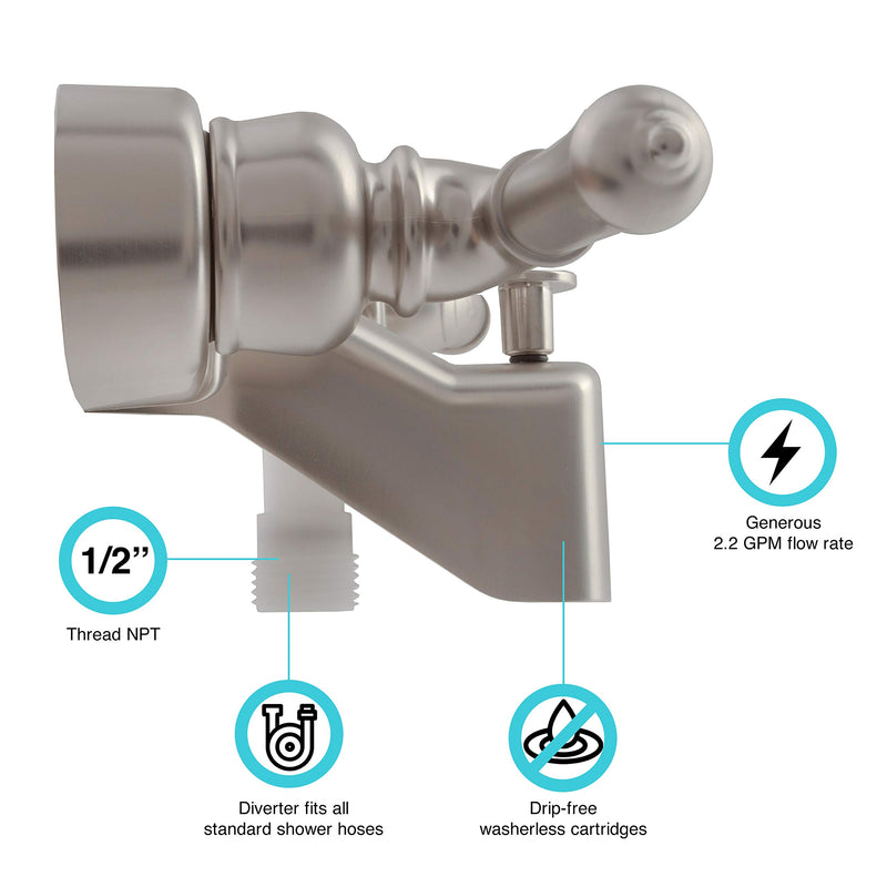 Dura Faucet RV Tub, Shower Faucet Valve Diverter DF-SA110C-SN with Classical Handles (Brushed Satin Nickel)
