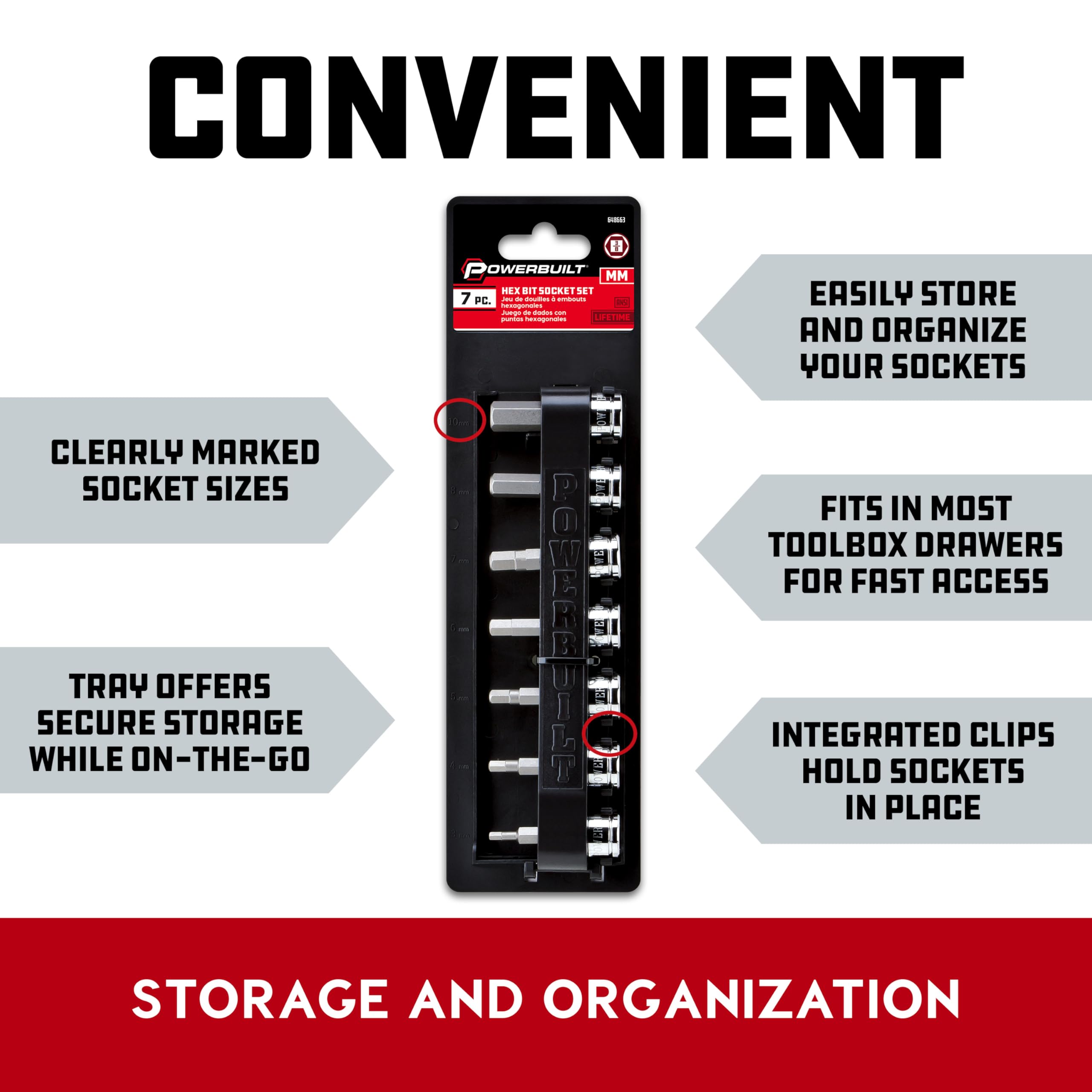 7 Piece Powerbuilt 3/8 Inch Drive Metric Hex Bit Socket Set, Includes 3mm-8mm and 10mm, Hangable Storage Tool Holder - 648663