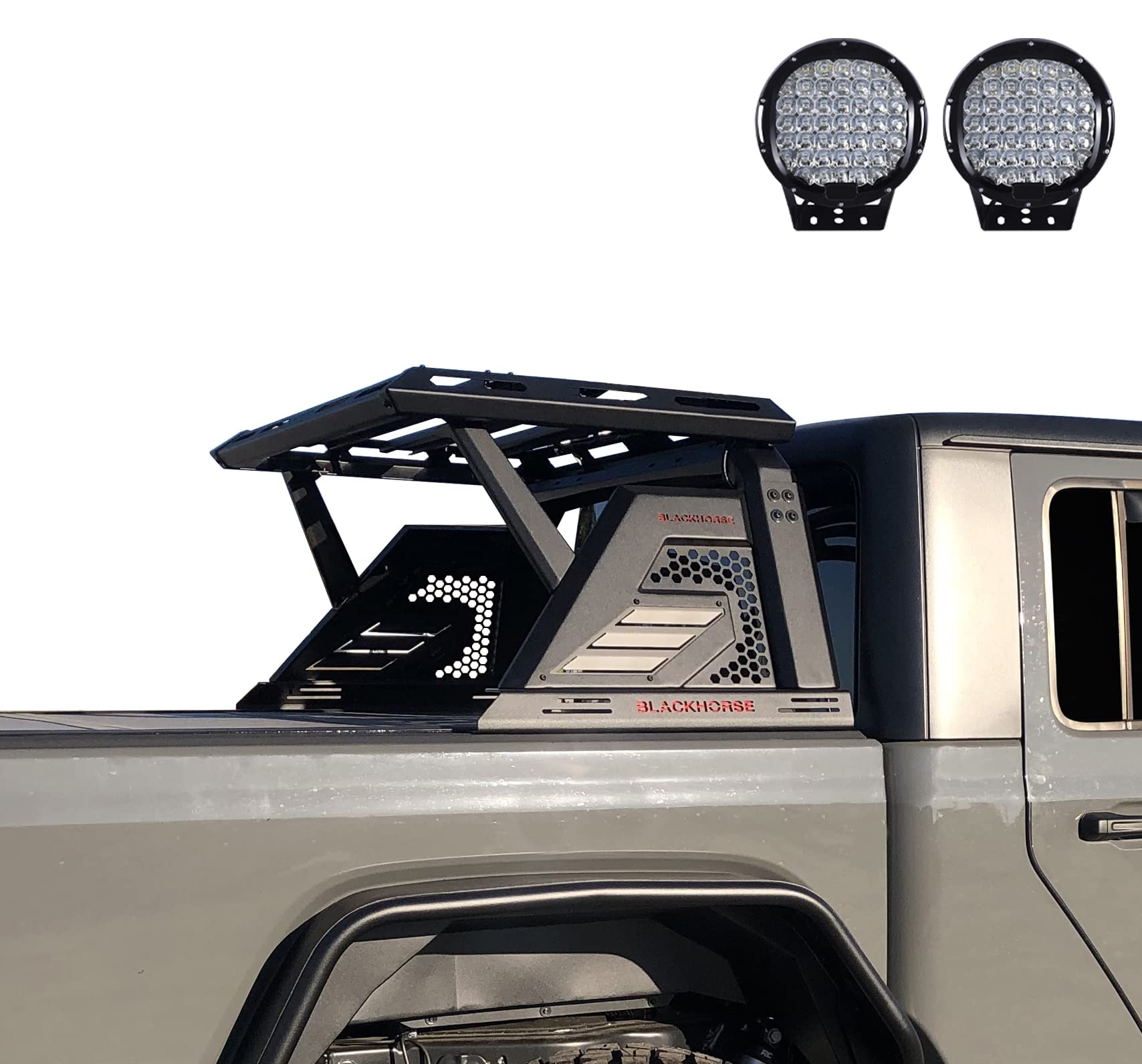 Armour II Black Horse Roll Bar W/Basket Incl.Set of 9" Black Round Led Light Compatible with 2015-2022 Chevrolet Colorado|2015-2022 GMC Canyon-AR2-04BA3-PL69B