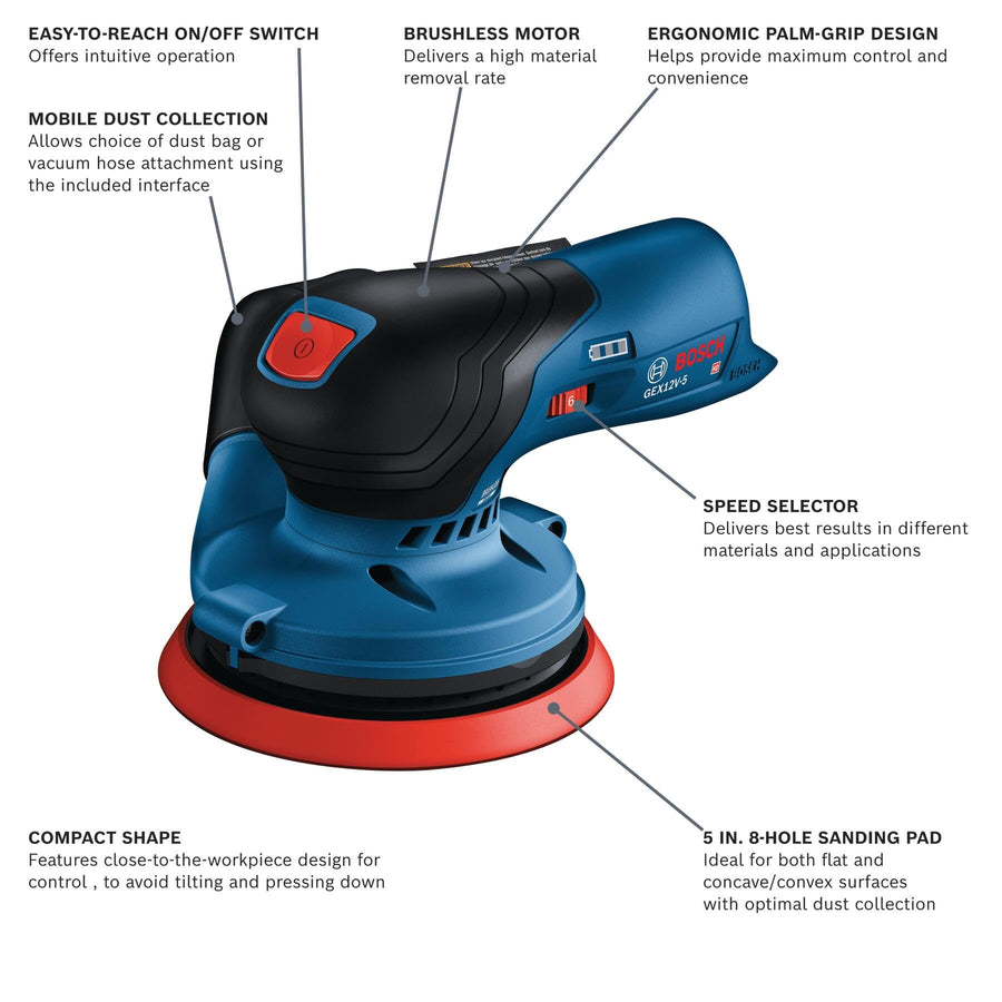 12V Max BOSCH GEX12V-5N Brushless 5" Random Orbit Sander - Ergonomic Palm Grip, Dust Collection System, Speed Selector, Soft-Start Technology (Bare Tool)