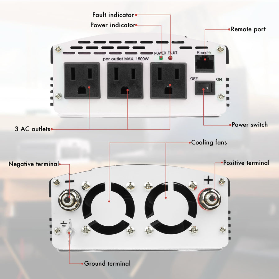 2000W Wagan Slim Line AC to DC Power Inverter 2000W TrueRated Continuous 4500W Surge Power DC 12V to AC 110V Power Inverter with 3 AC Outlets and 2A USB Charging Port