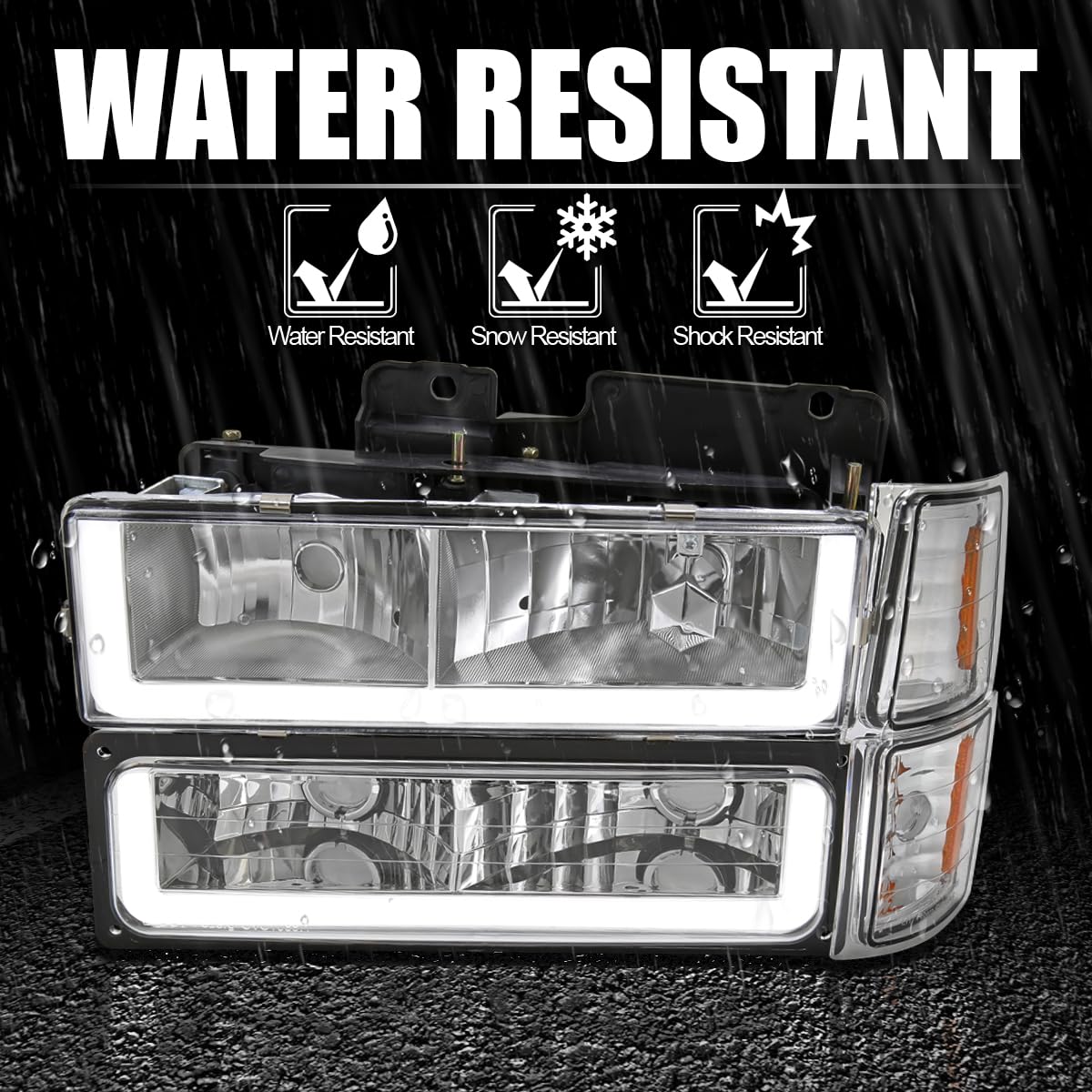 Chrome Headlights + Bumper Lights + Corner Lights w/LED Tube SPEC-D TUNING Compatible with 1994-1998 Chevy C10 C/K 1500/2500/3500, Left + Right Pair Headlamps Assembly