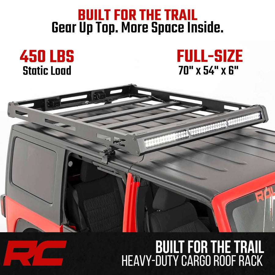 Rough Country Roof Rack for Jeep Wrangler JK (2007–2018) with LED Lights - Heavy-Duty Cargo Rack, 50" LED Light Bar & Dual 2" Flush Mount LEDs, Freedom Top Compatible