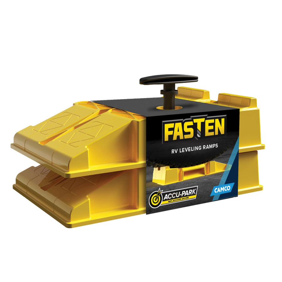 Camco Premium Fasten RV Leveling Trailer Ramps w/Convenient Handle - Nesting Design for RV Storage - Compatible w/Square Leveling Blocks - 2-Pack (44535)
