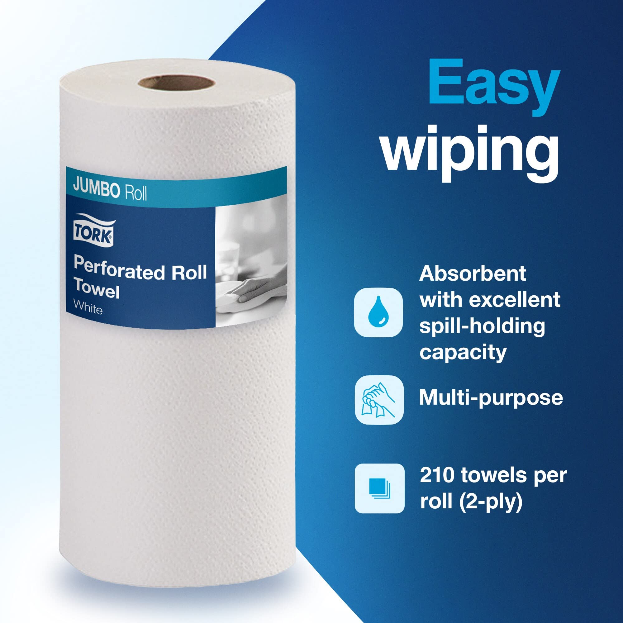 Tork Jumbo Roll HB1995A Perforated Paper Towel, Jumbo Roll, White, Universal, 2-Ply, Case of 12 Rolls, 210 per Roll, 2,520 Towels