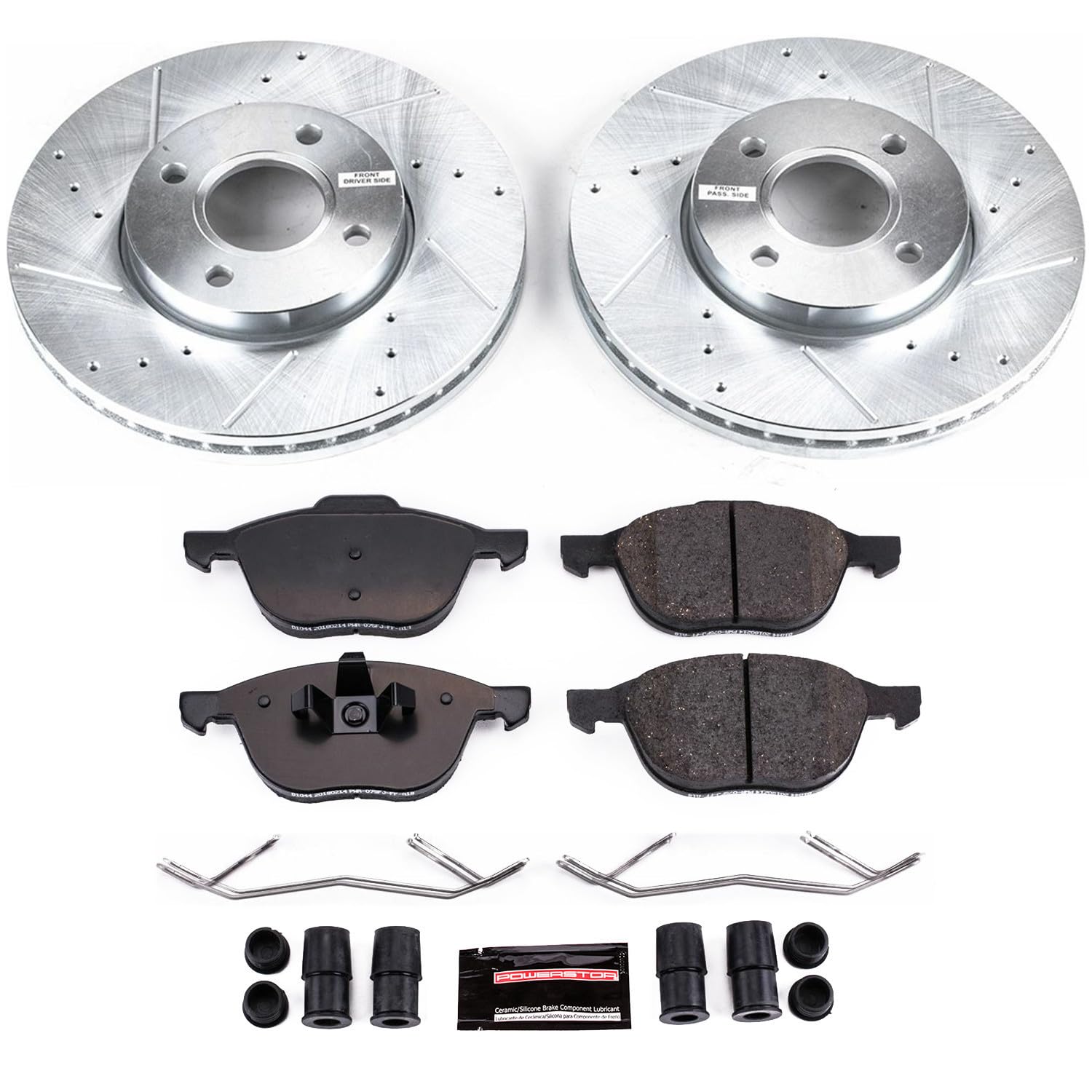 Z23 Power Stop K1377 Front Carbon Fiber Brake Pads with Drilled & Slotted Brake Rotors Kit For Ford Focus 2005-2007 [Model Specific]