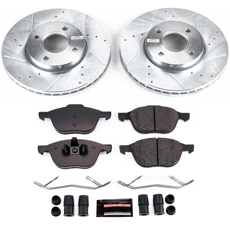 Z23 Power Stop K1377 Front Carbon Fiber Brake Pads with Drilled & Slotted Brake Rotors Kit For Ford Focus 2005-2007 [Model Specific]