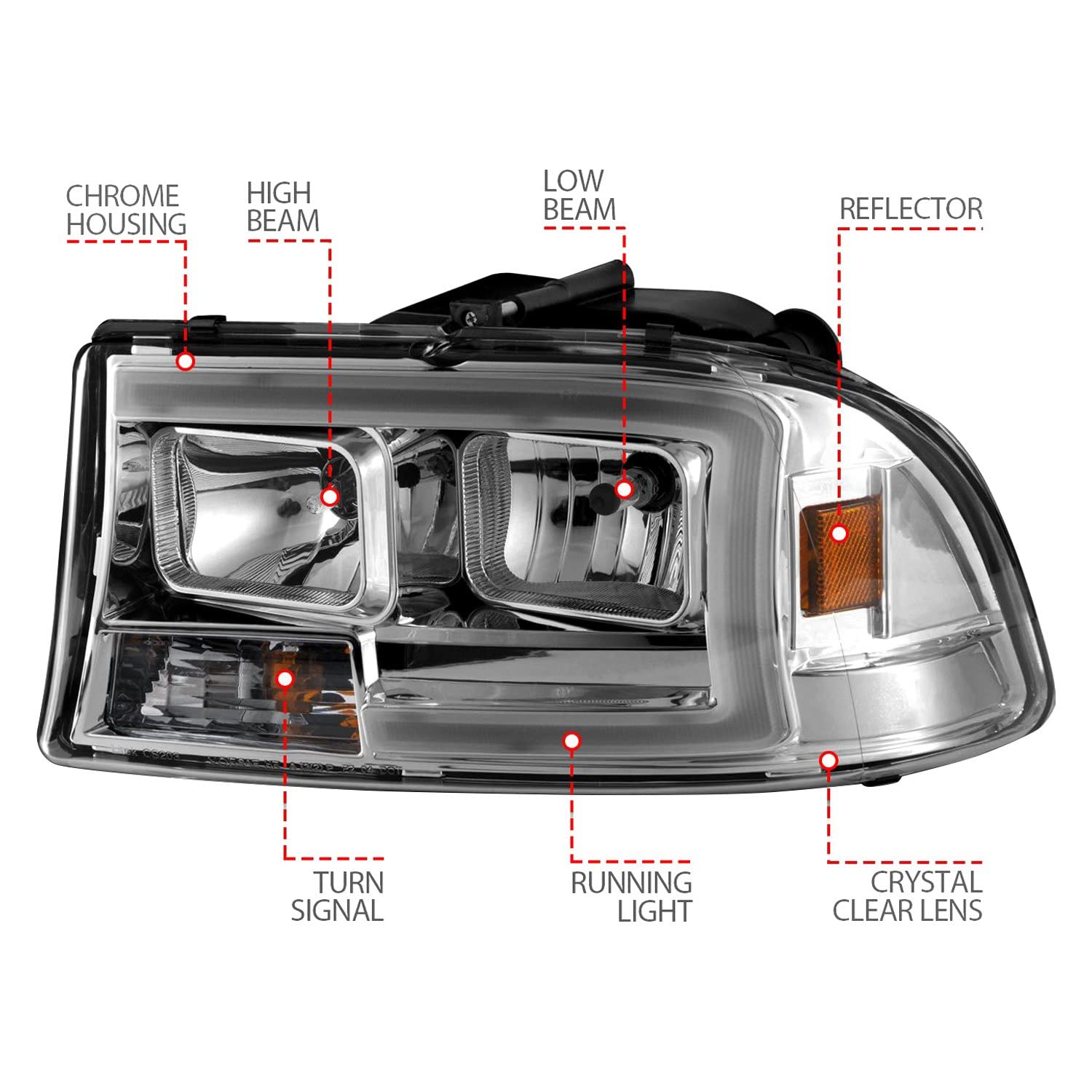 97-04 Dodge Dakota/Durango ANZO Crystal Headlight Set w/Light Bar Chrome Housing