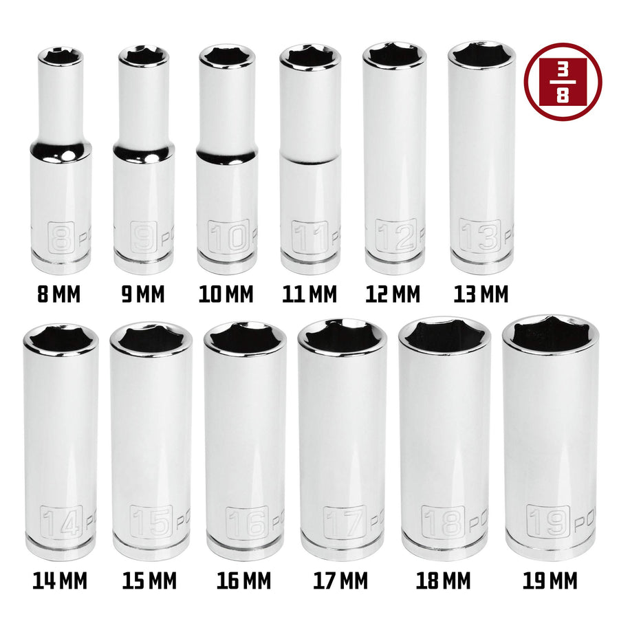 12 Piece Powerbuilt 3/8 Inch Drive Metric 6 Point Deep Socket Set - 645009