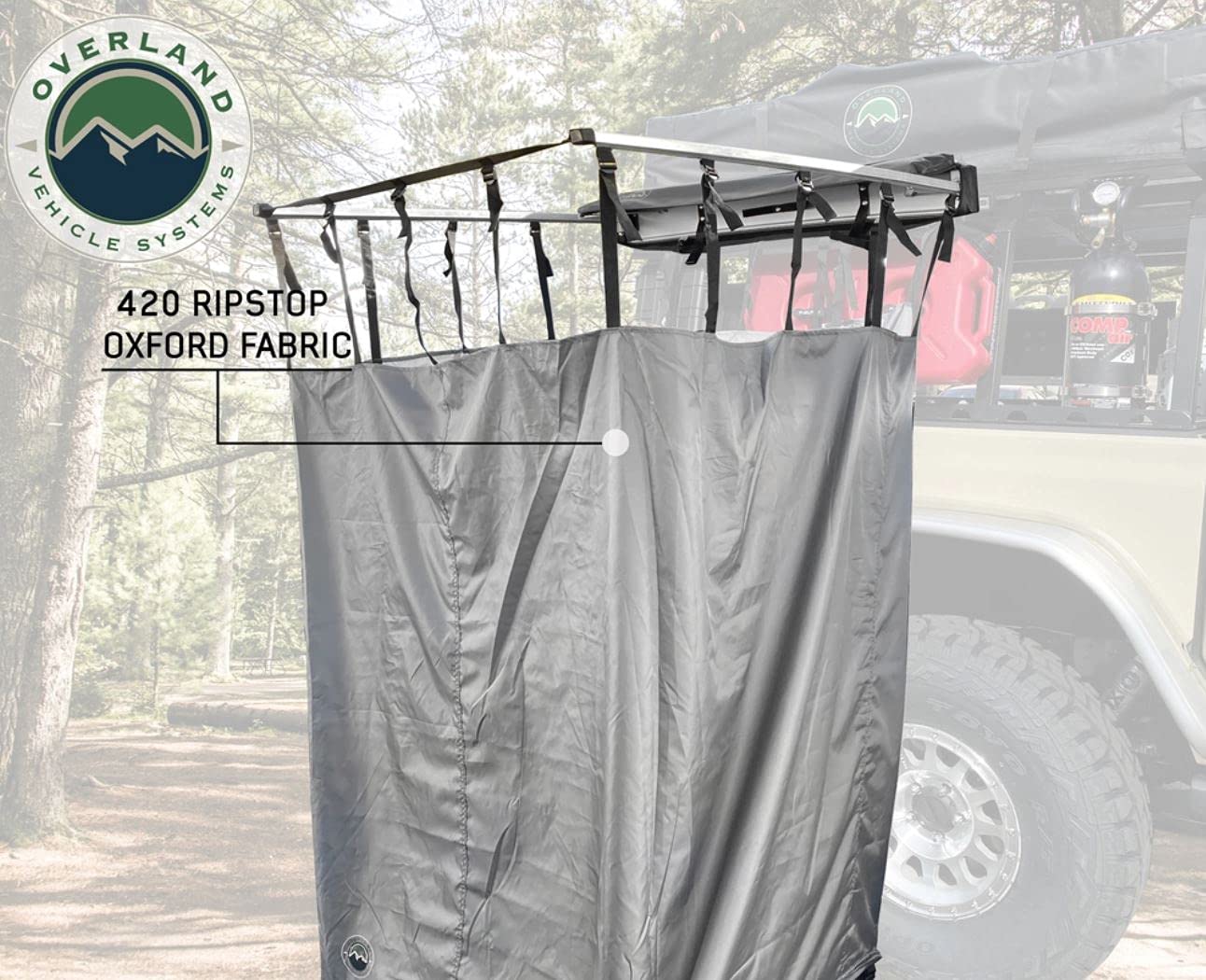 Overland Vehicle Systems Nomadic HD Car Side Shower Room With Black 1000G PVC Travel Cover, Universal L - Brackets, Dark Grey Body with Silver Inner Lining