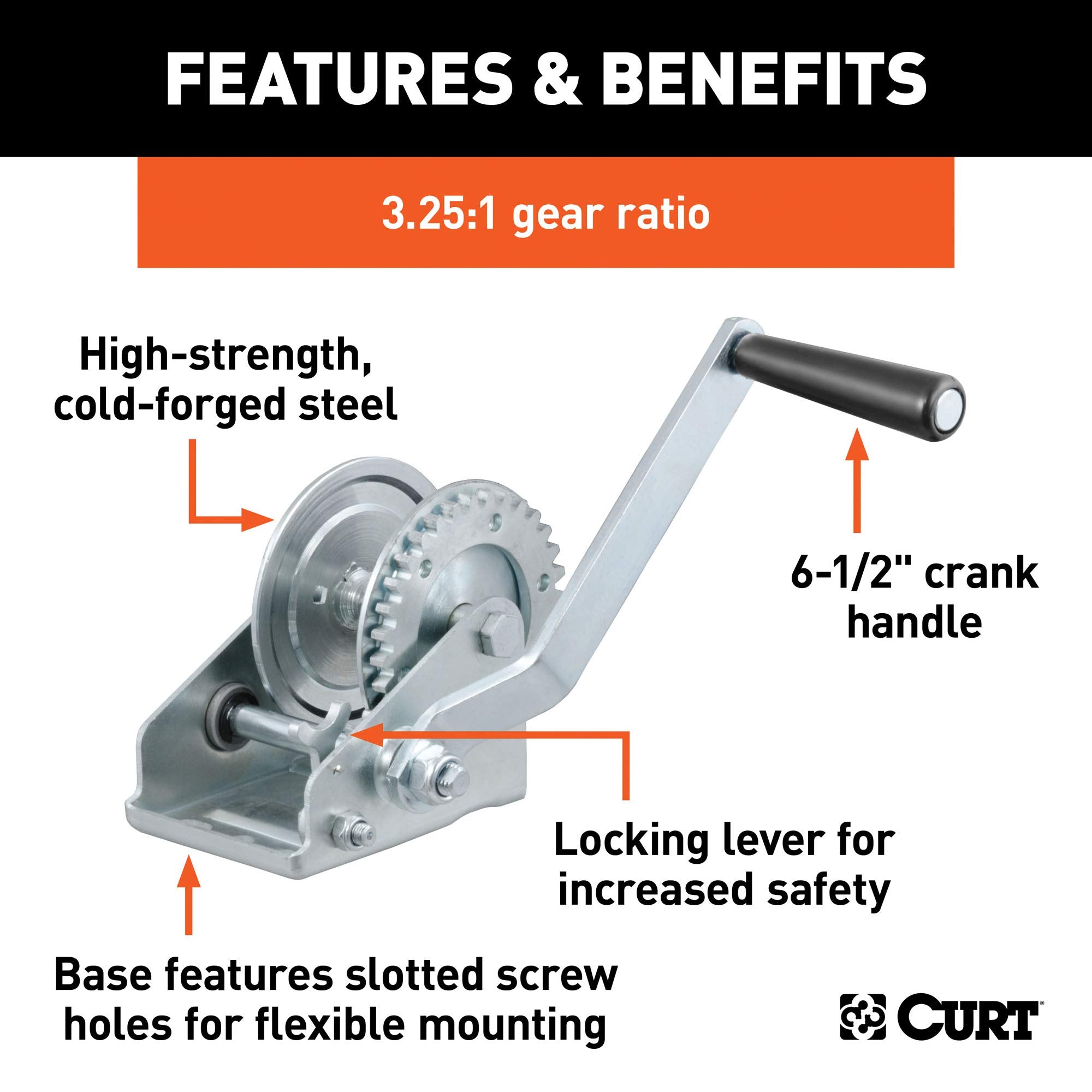 CURT Manual Hand Crank Boat Trailer Winch, 900 lbs Capacity, 6-1/2-Inch Handle, 3.25:1 Gear Ratio, CLEAR ZINC