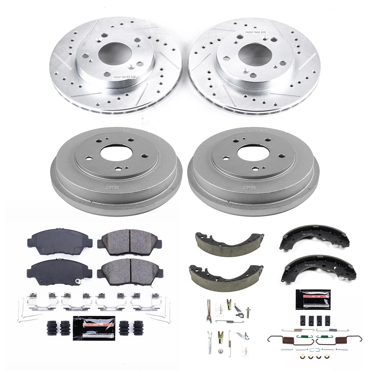 Power Stop K15110DK Z23 Carbon Fiber Brake Pads Front and Rear with Drilled & Slotted Brake Drums Kit For Honda Civic 2006-2008 [Vehicle Specific]