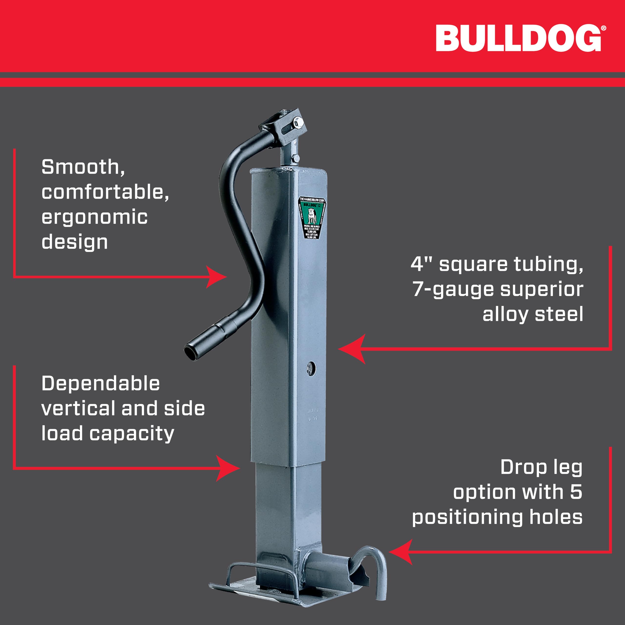 182304 Bulldog HD Square Trailer Jack, 12,000 lbs. Support Capacity, Topwind, 12-1/2 Inch Travel