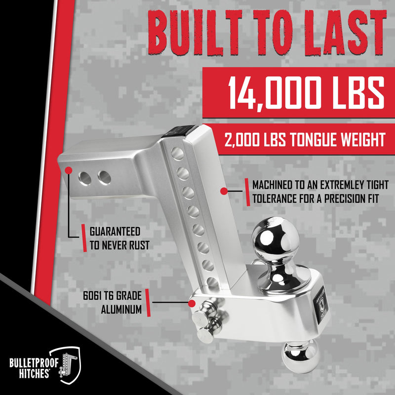 2.5" Aluminum BulletProof Hitches - Trailer Hitch (14,000 lb. Rating) - Adjustable Hitch with 6" Drop/Rise and 2" & 2-5/16" Dual Ball - Corrosion-Resistant Tow Hitch