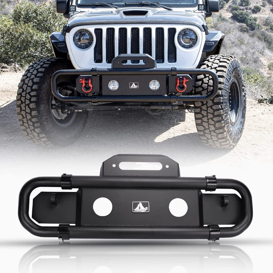 Front Bumper WolfX Fit For 2007-2018 Jeep Wrangler JK/JKU Retractable Front Bumper For 2018-2026 Jeep Wrangler JL/JLU, Steel Bumper For 2019-2026 Gladiator JT w/ 2 x D-Ring Shackles