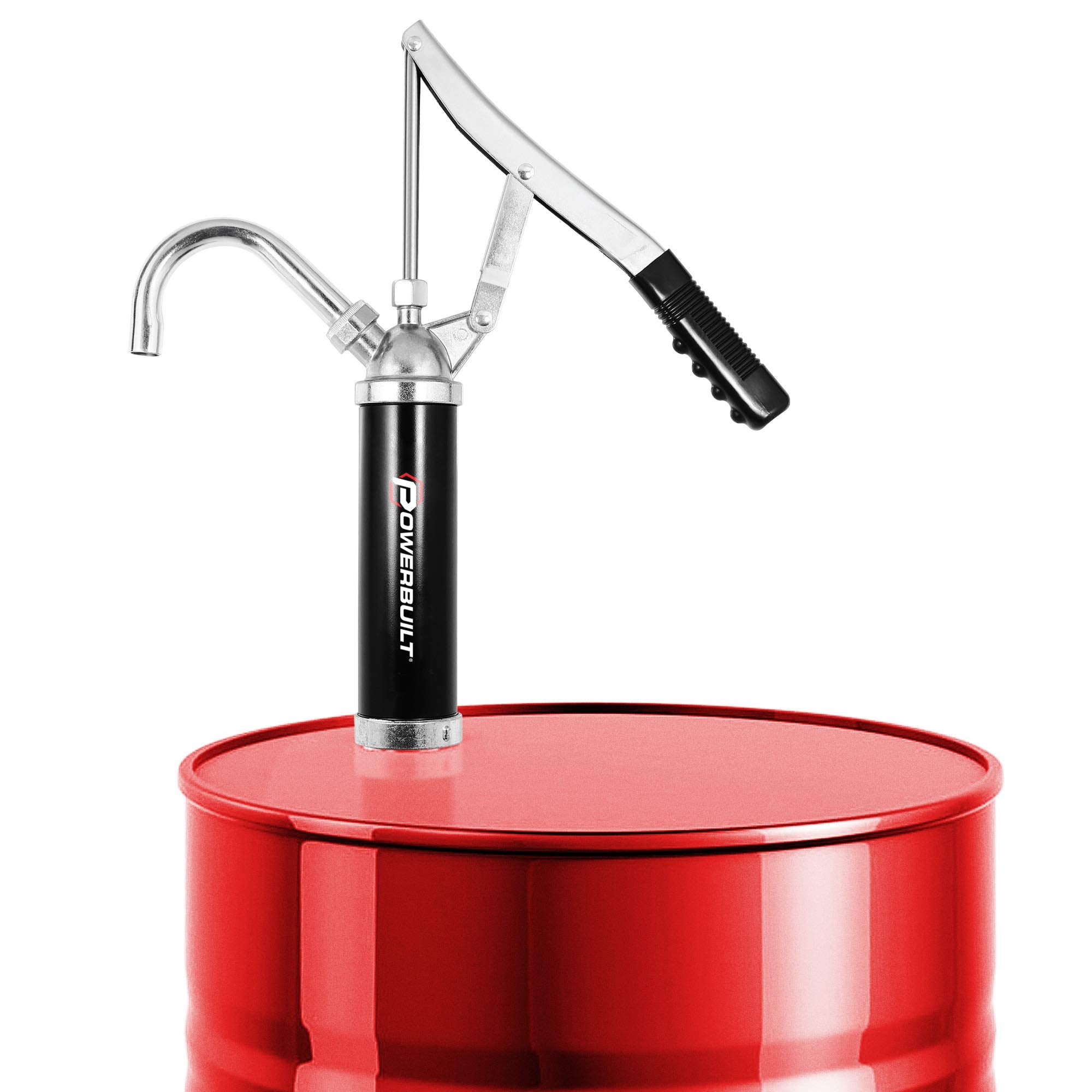 Powerbuilt Level Action Heavy Duty Barrel Pump, Drum Pump with Telescoping Suction Tube Fits 15 to 55 Gallon Drums, For Transferring Motor Oil, Heating Oil, Transmission Fluid- 648770