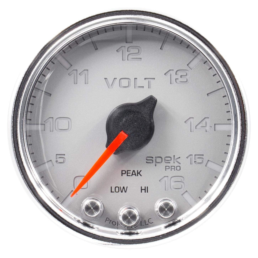 Gauge AUTO METER P34421 Voltmeter (Spek-Pro 2 1/16", 16V, Stepper Motorwith Peak & Warn, Slvr/Chrm, Spek-Pro)